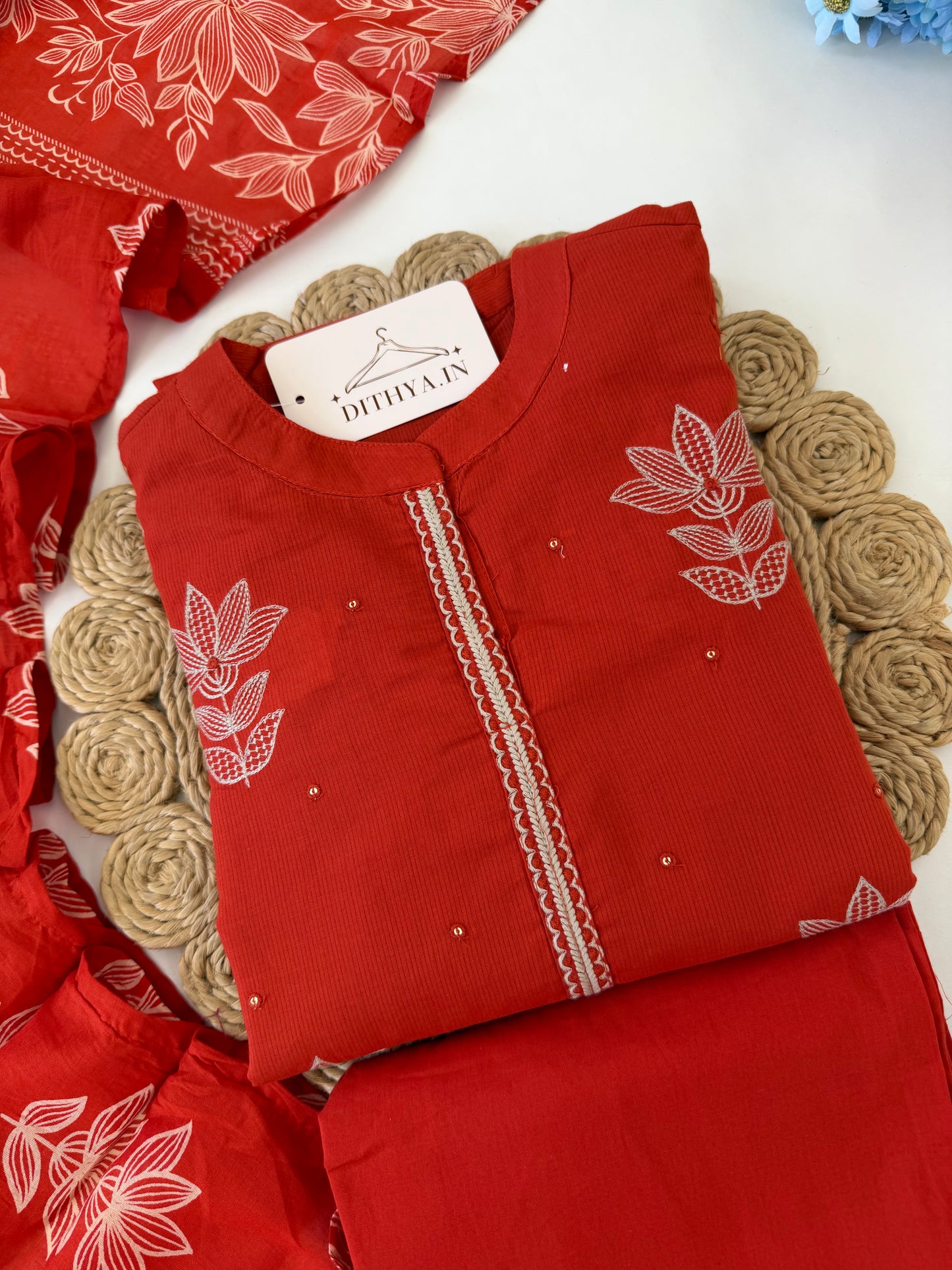 K608 - Mul cotton embroidered Aline Kurti with pants and dupatta
