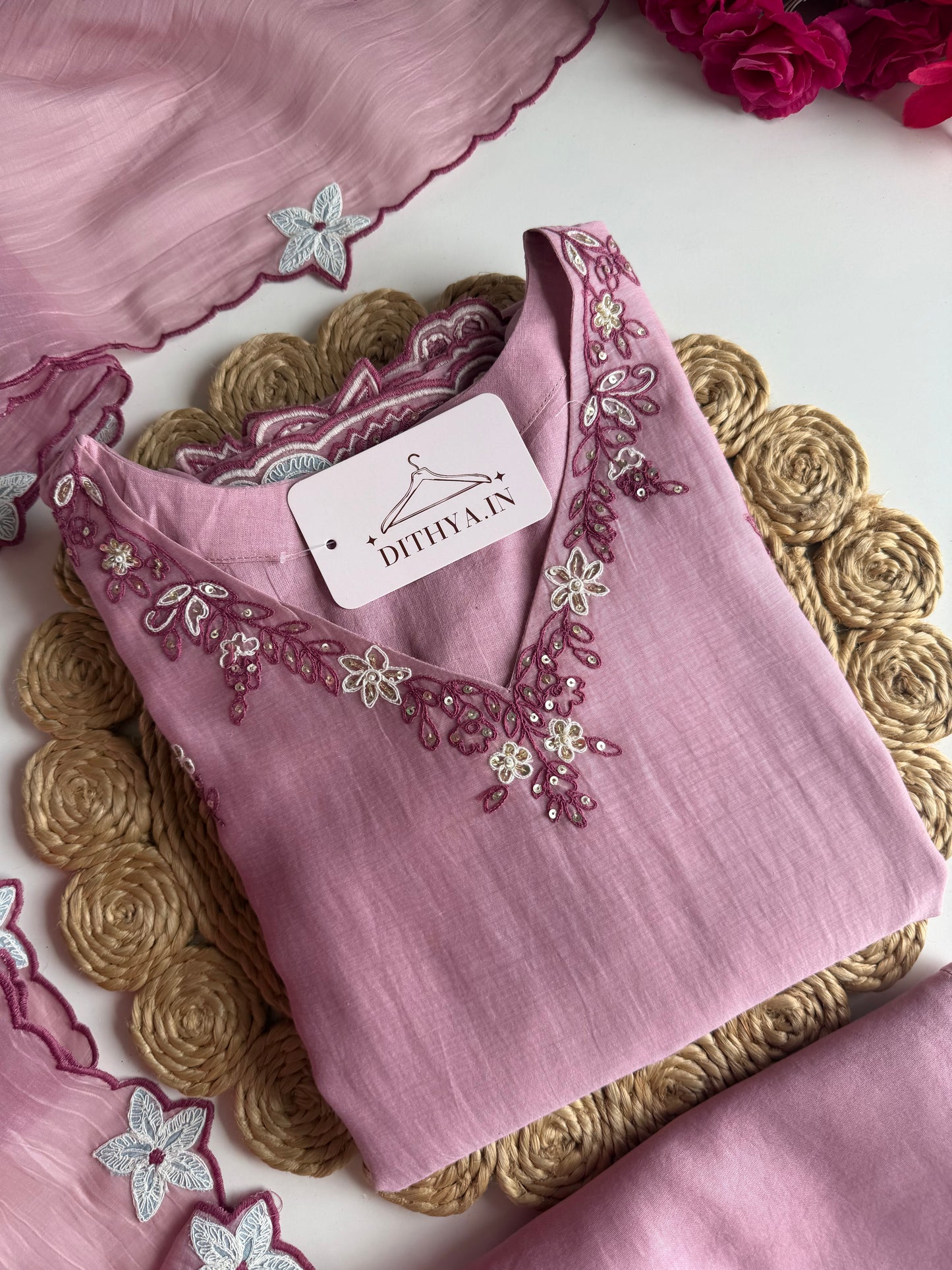 K541 - Mul chanderi handwork straight Kurti with pants and dupatta
