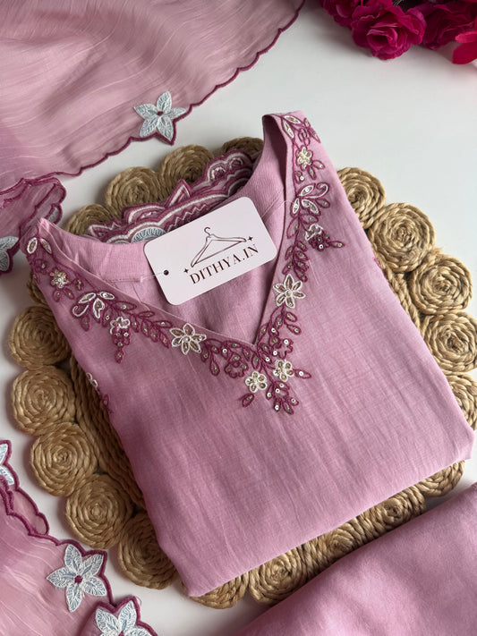 K541 - Mul chanderi handwork straight Kurti with pants and dupatta