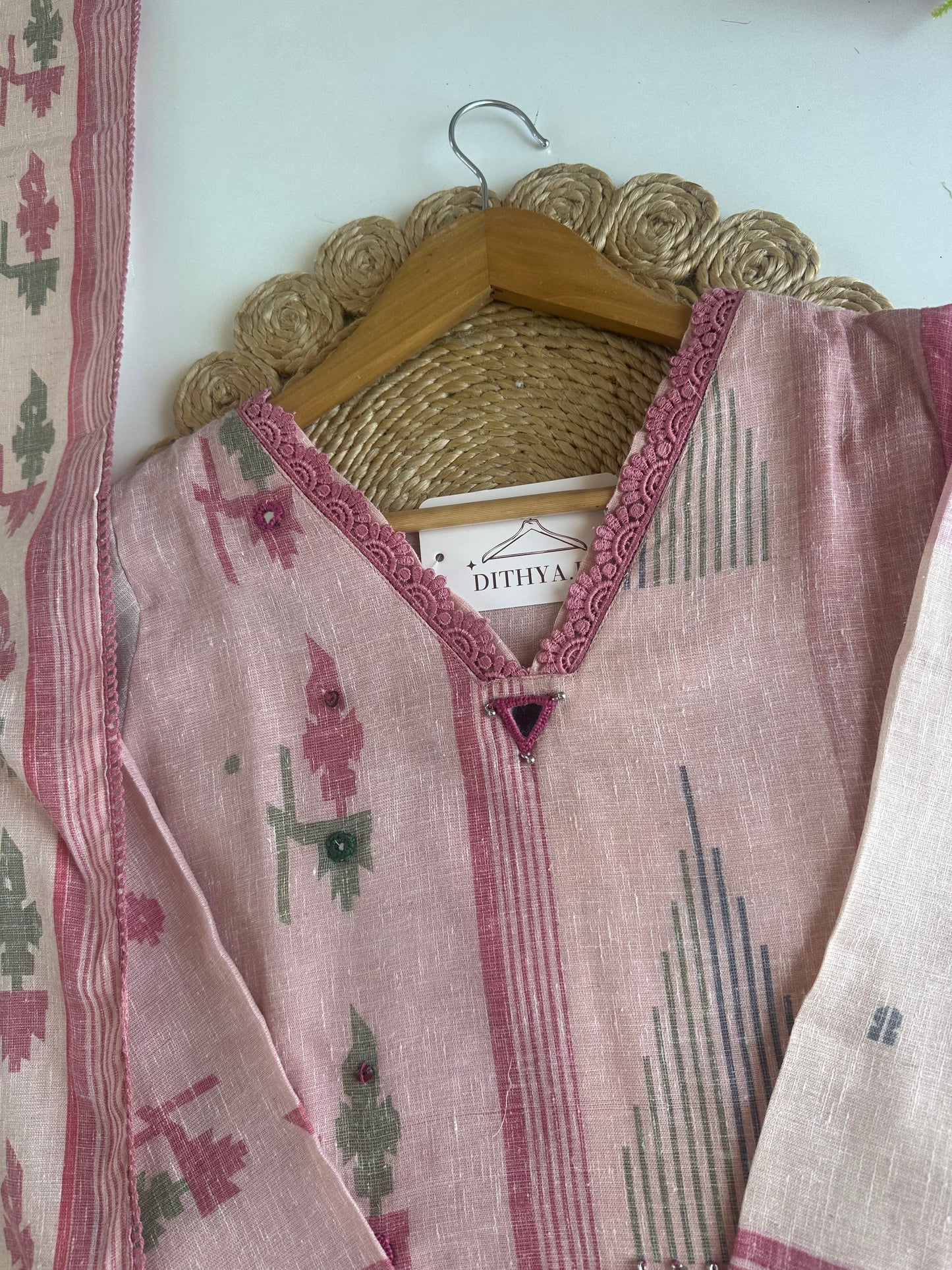 K543 - Linen embroidered straight Kurti with pants and dupatta