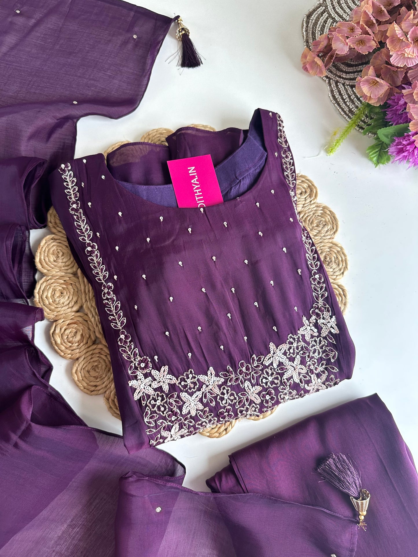 K007 - Mul Chanderi handwork Aline Kurti with pants and dupatta in 2 colours