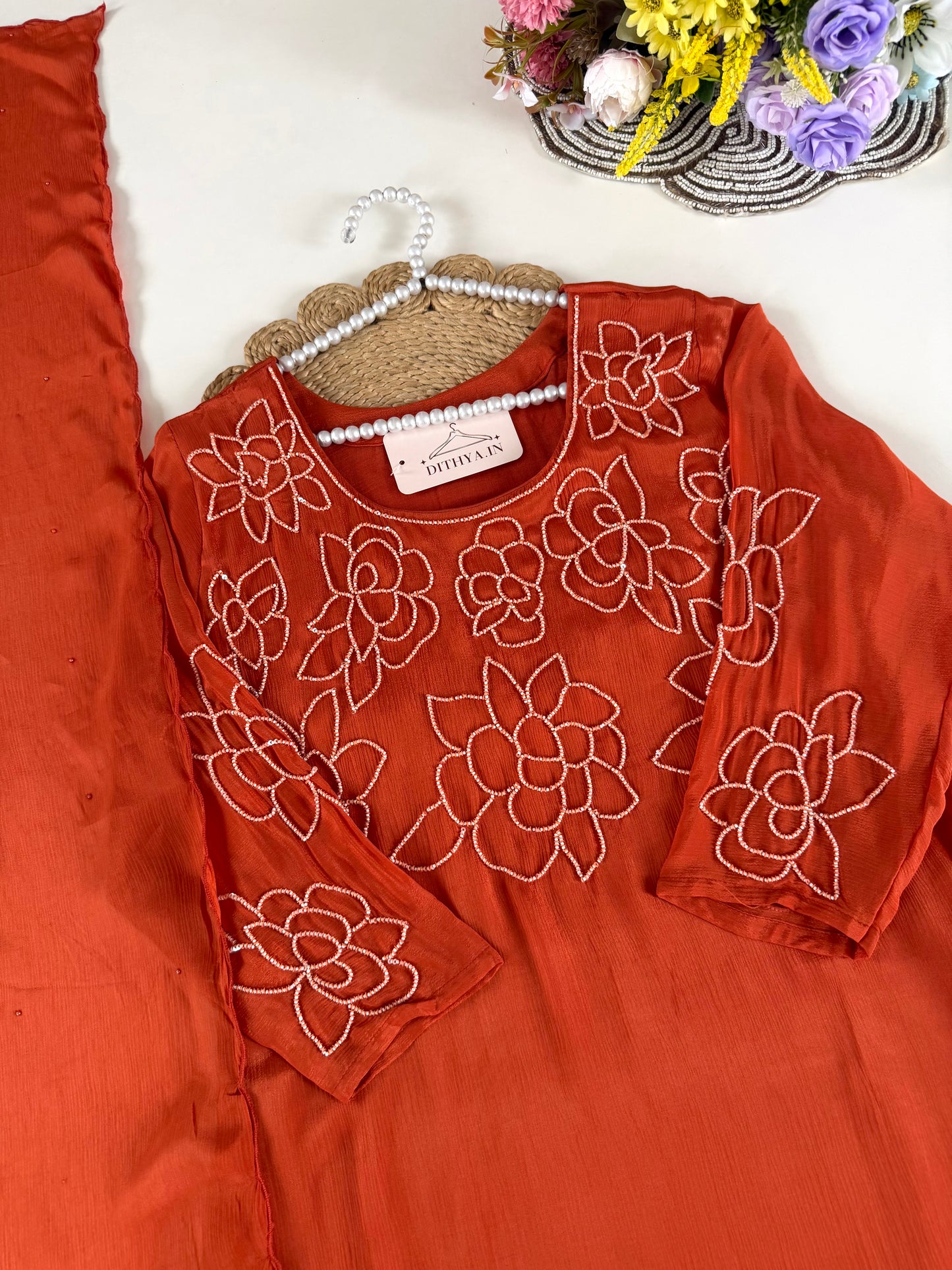 K585 - Pure Chinnon pearl work aline Kurti with pants and dupatta