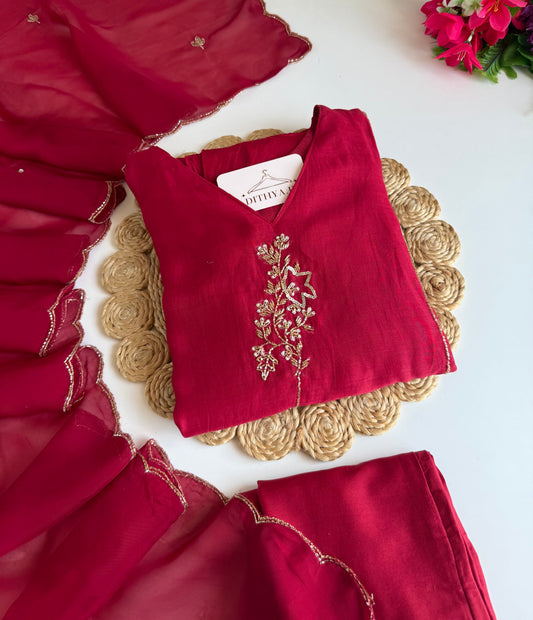 K106 - Mul chanderi handwork Aline Kurti with pants and dupatta