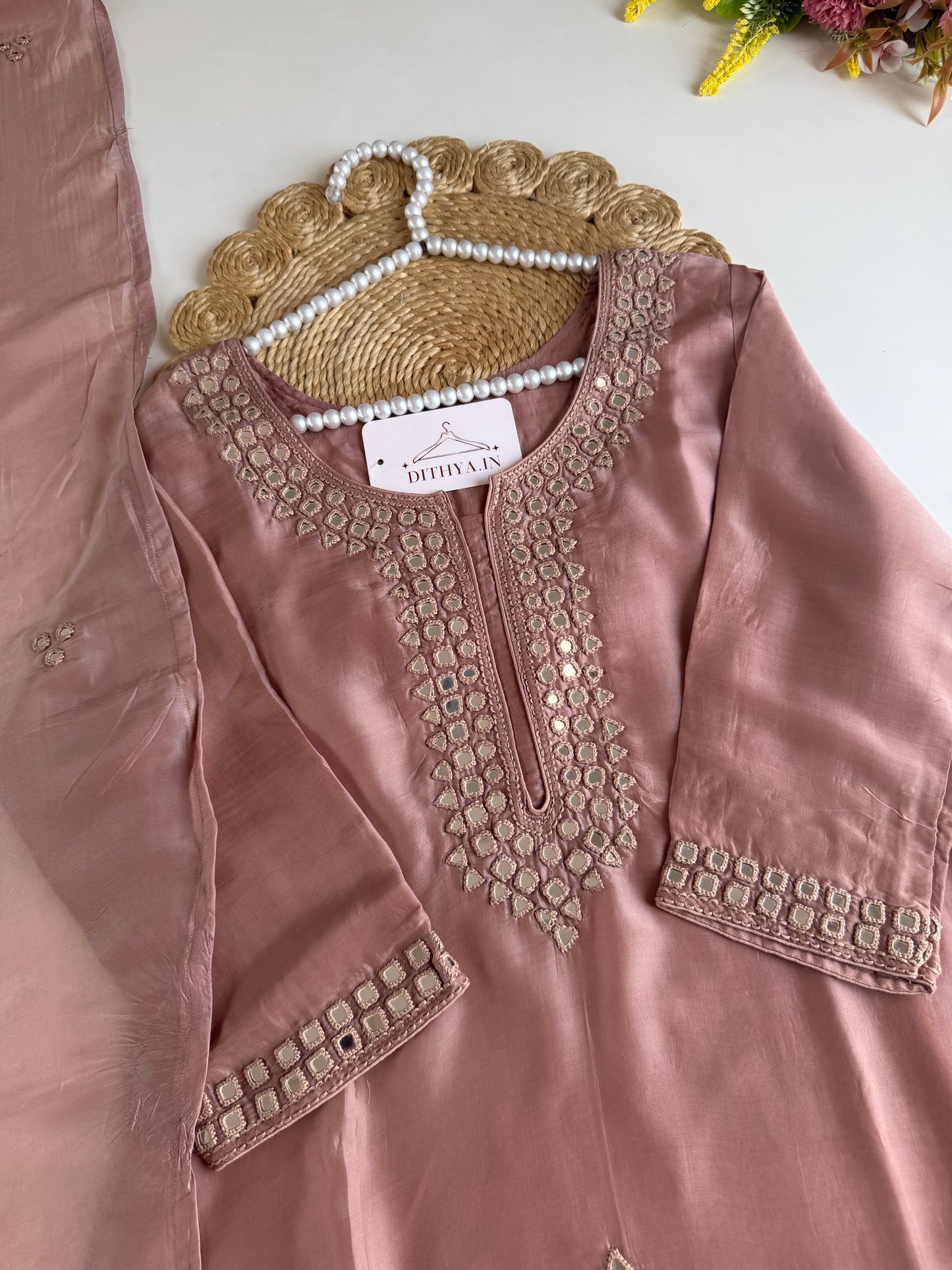 K424 - Pure HO silk mirror work aline Kurti with pants and dupatta