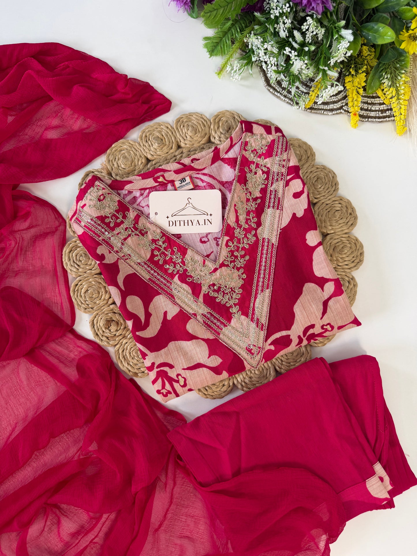 K544 - Roman silk embroidered straight Kurti with pants and dupatta