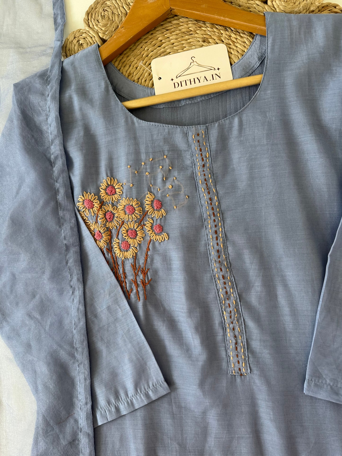 K213 - Mul cotton embroidered straight Kurti with pants and dupatta
