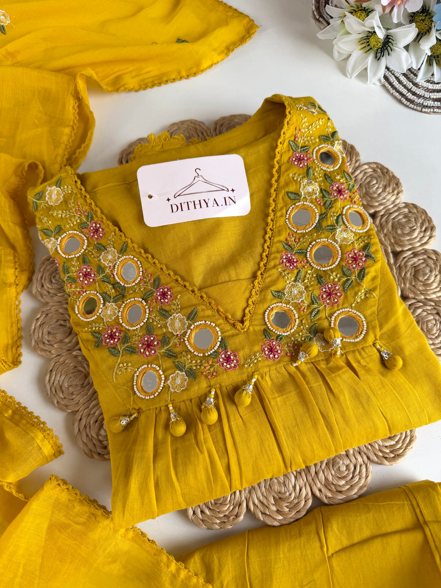 K631 - Mul cotton embroidered Aline Kurti with pants and dupatta