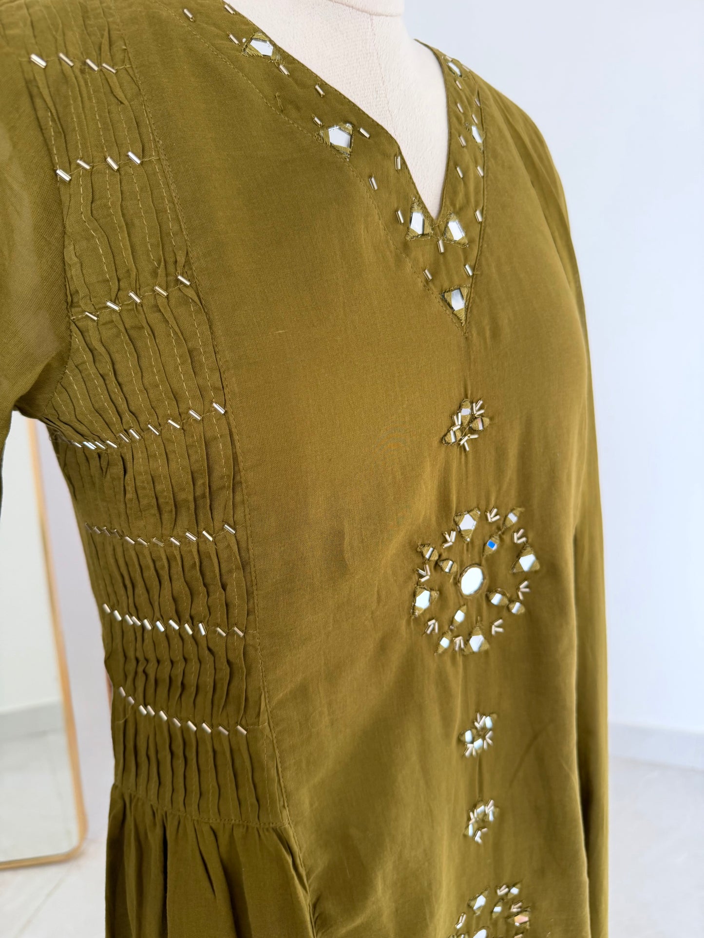 K300 - Mul cotton mirror work aline Kurti with pants and dupatta in 2 colours