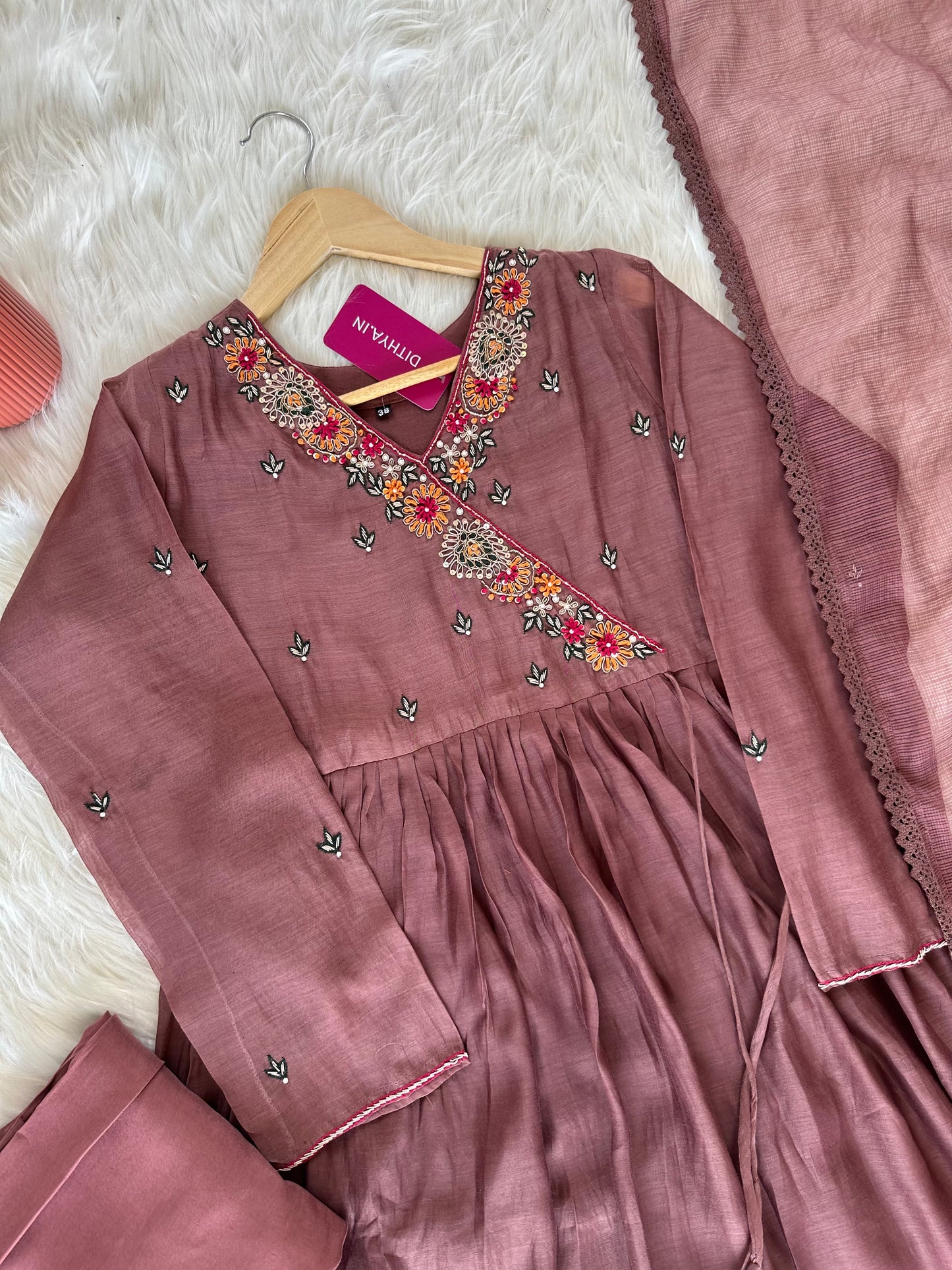 K404 - Mul Chanderi Handwork Angrakha Aline Kurti with pants and dupatta