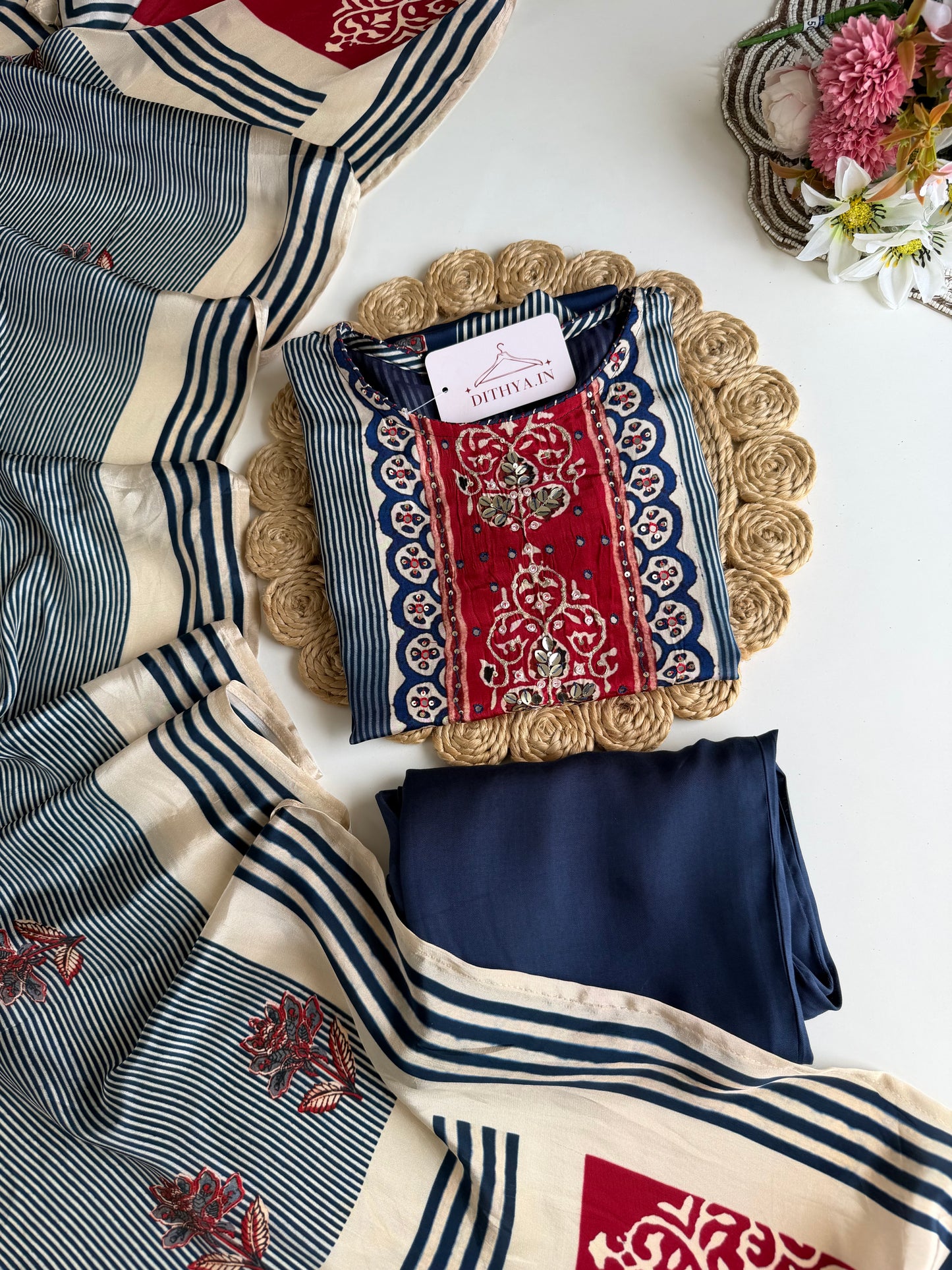 K510 - Pure crape handwork straight Kurti with pants and dupatta