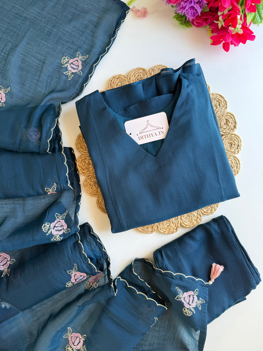 K582-Surat Mul chanderi embroidered Aline Kurti with pants and dupatta