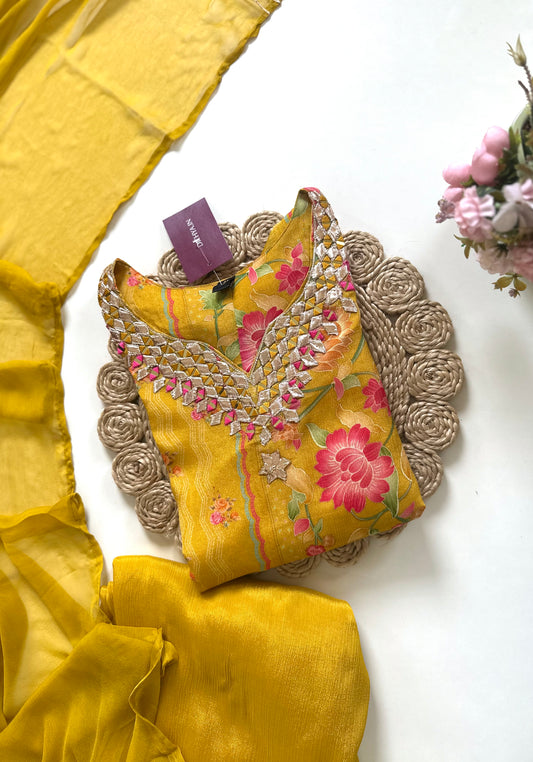 K239 - Chinnon Floral Gota work kurti with palazzo and dupatta.
