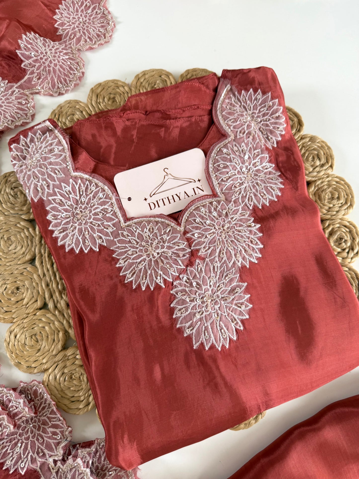 K467 - Pure Ho silk handwork aline Kurti with pants and dupatta