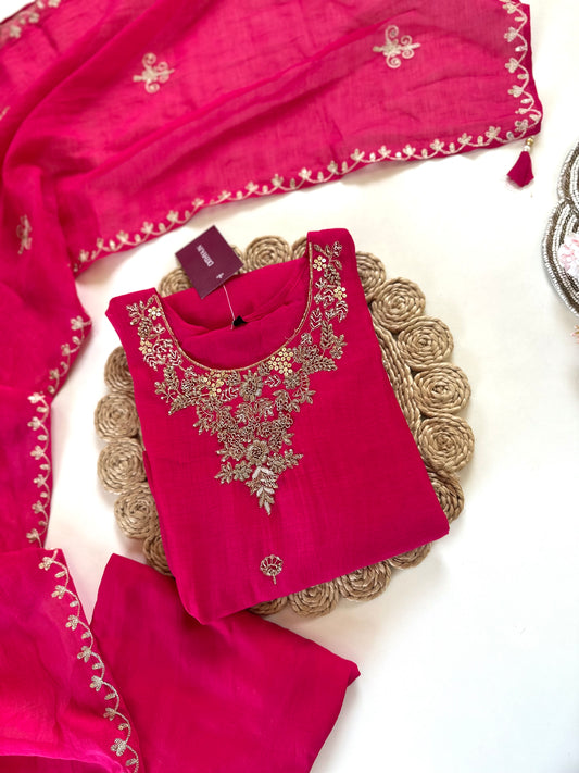 K170 - Zardosi work Mul Chanderi Aline Kurti with pants and dupatta.