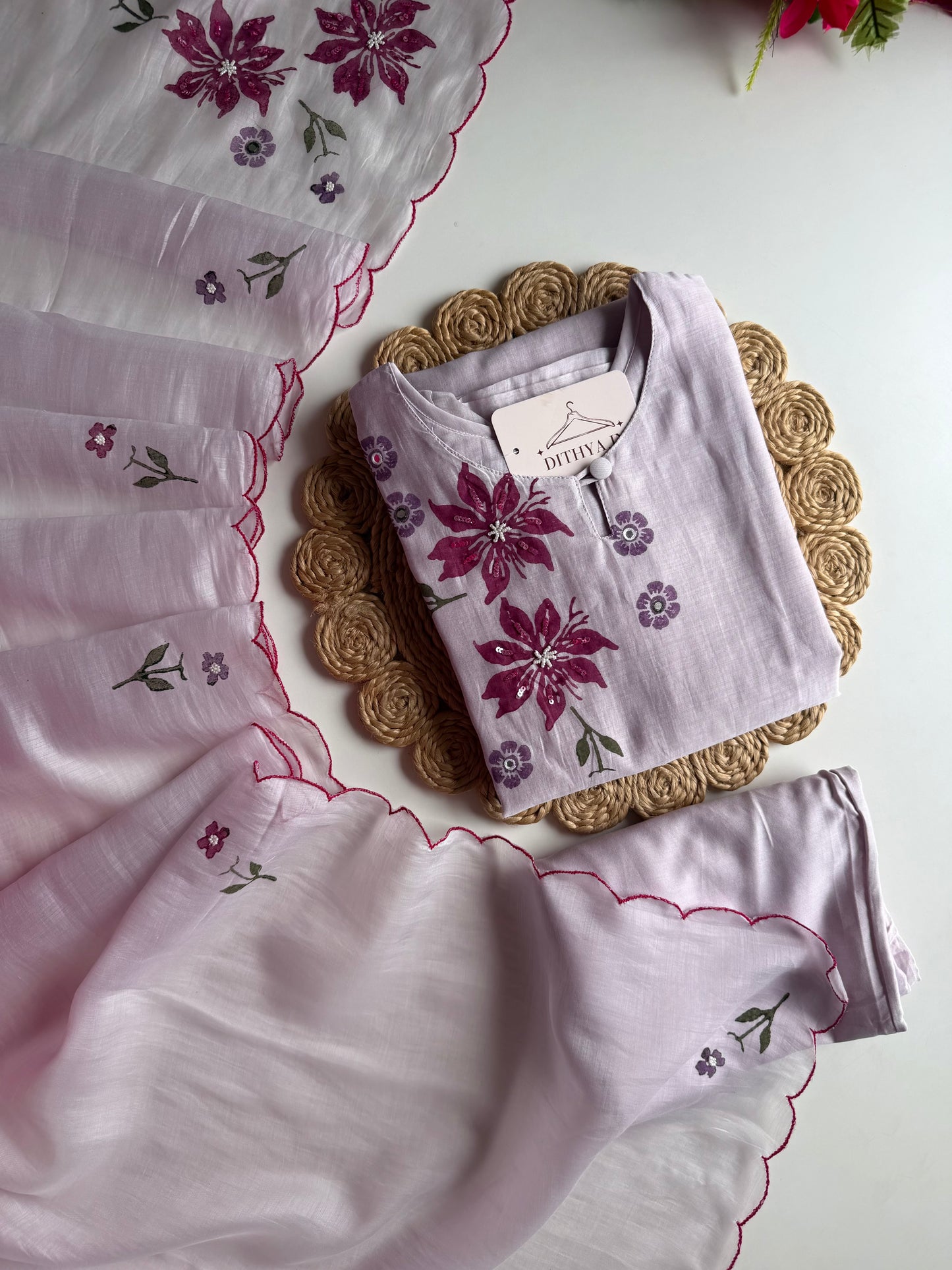 K012 - Mul Chanderi handwork straight Kurti with pants and dupatta