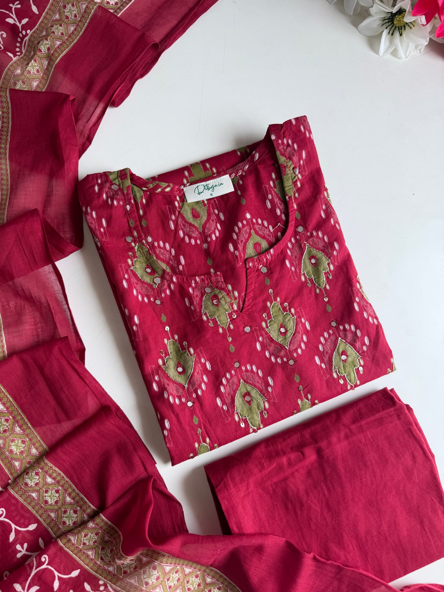 K220 - Mul cotton ajrakh mirror work straight Kurti with pants and dupatta