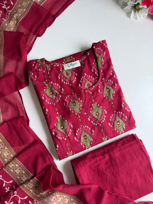 K220 - Mul cotton ajrakh mirror work straight Kurti with pants and dupatta