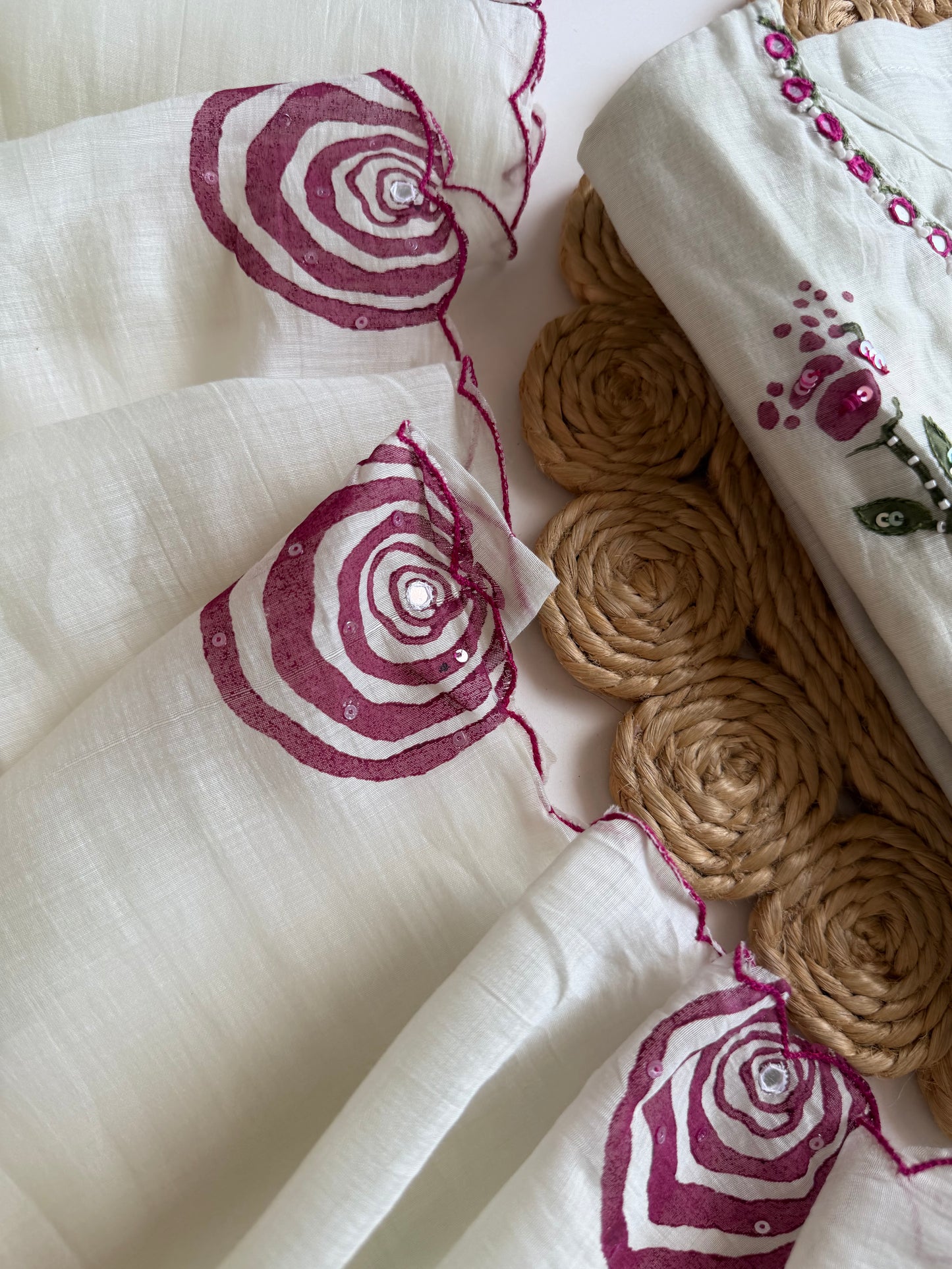 K280 - Mul chanderi handwork straight Kurti with pants and dupatta