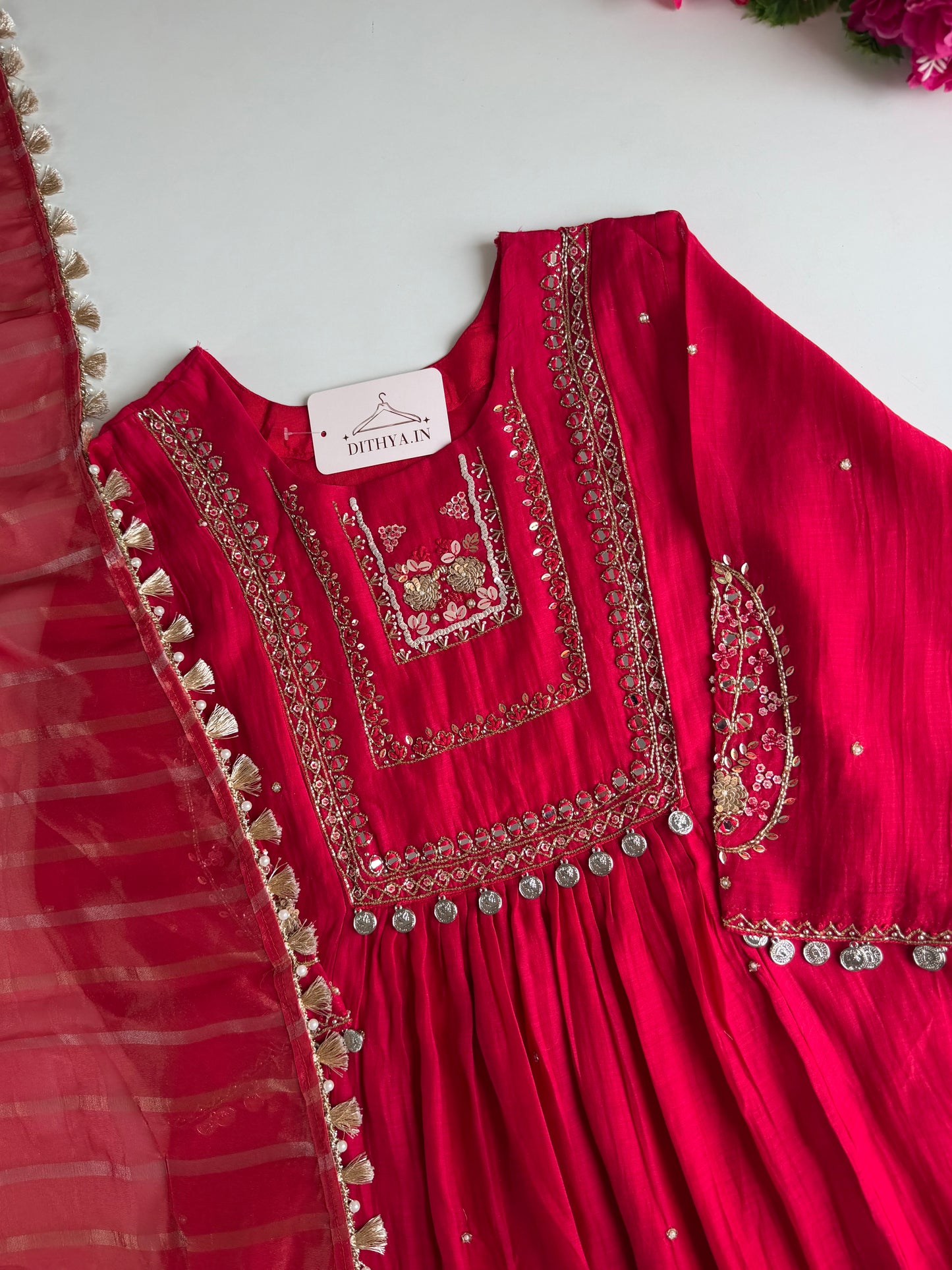 K229 - Mul chanderi handwork aline Kurti with pants and dupatta