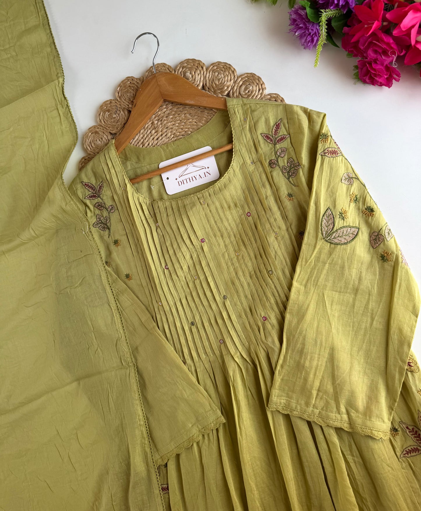 K010 - Mul cotton embroidered Anarkali with pants and dupatta in 2 colours