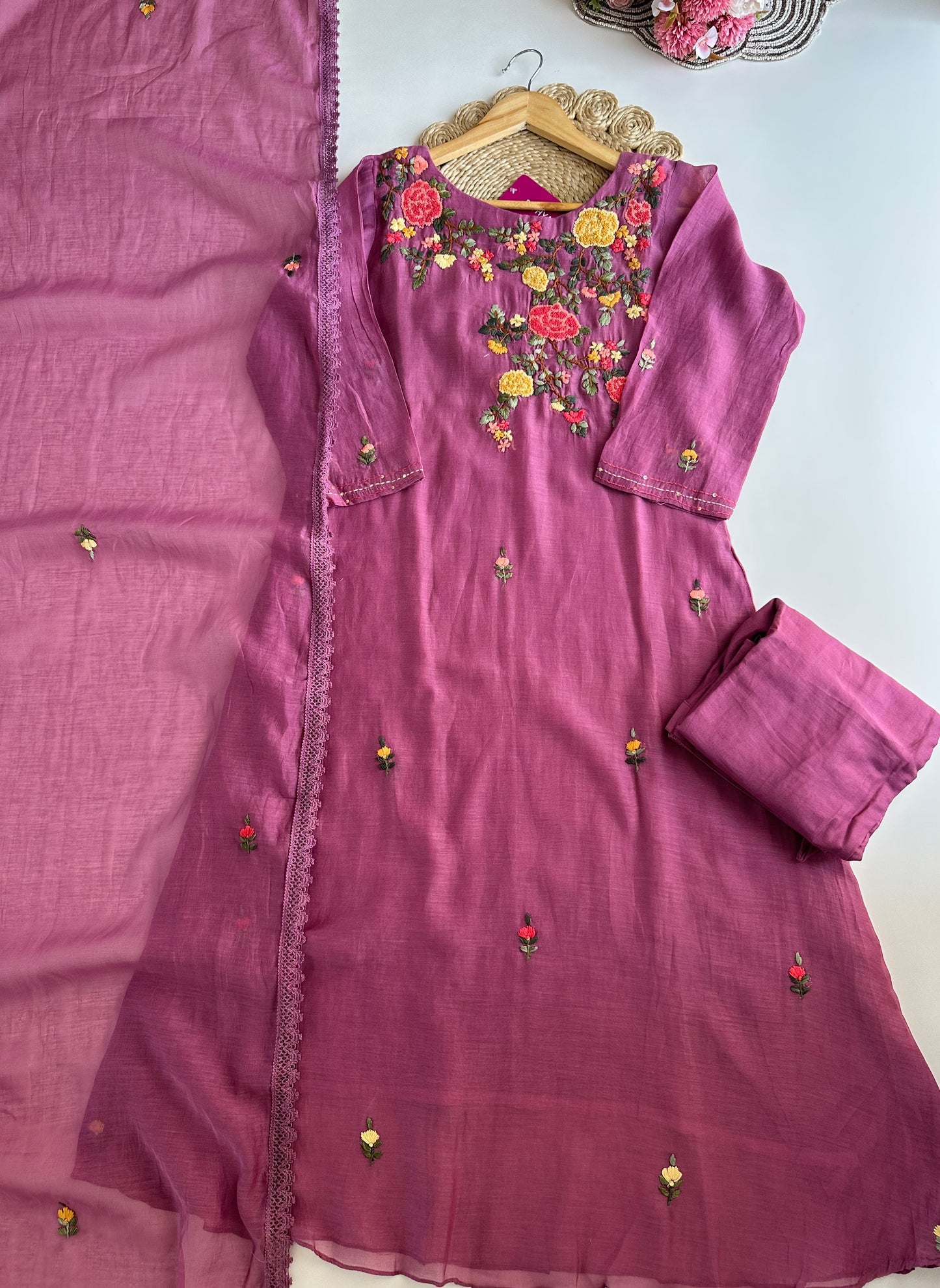 K257 - Mul Chanderi embroidered Aline Kurti with pants and dupatta