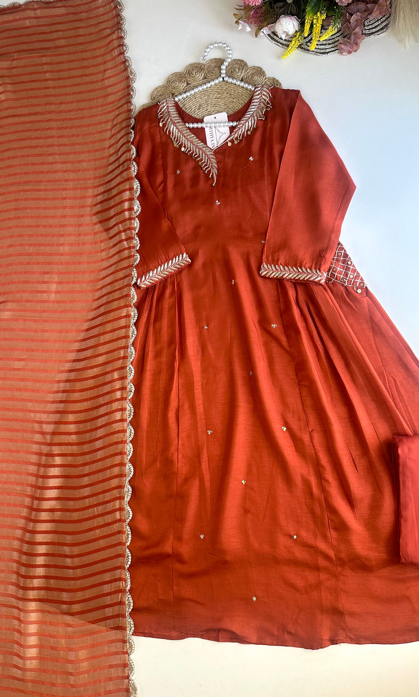 K478 - Russian silk handwork Anarkali with pants and dupatta