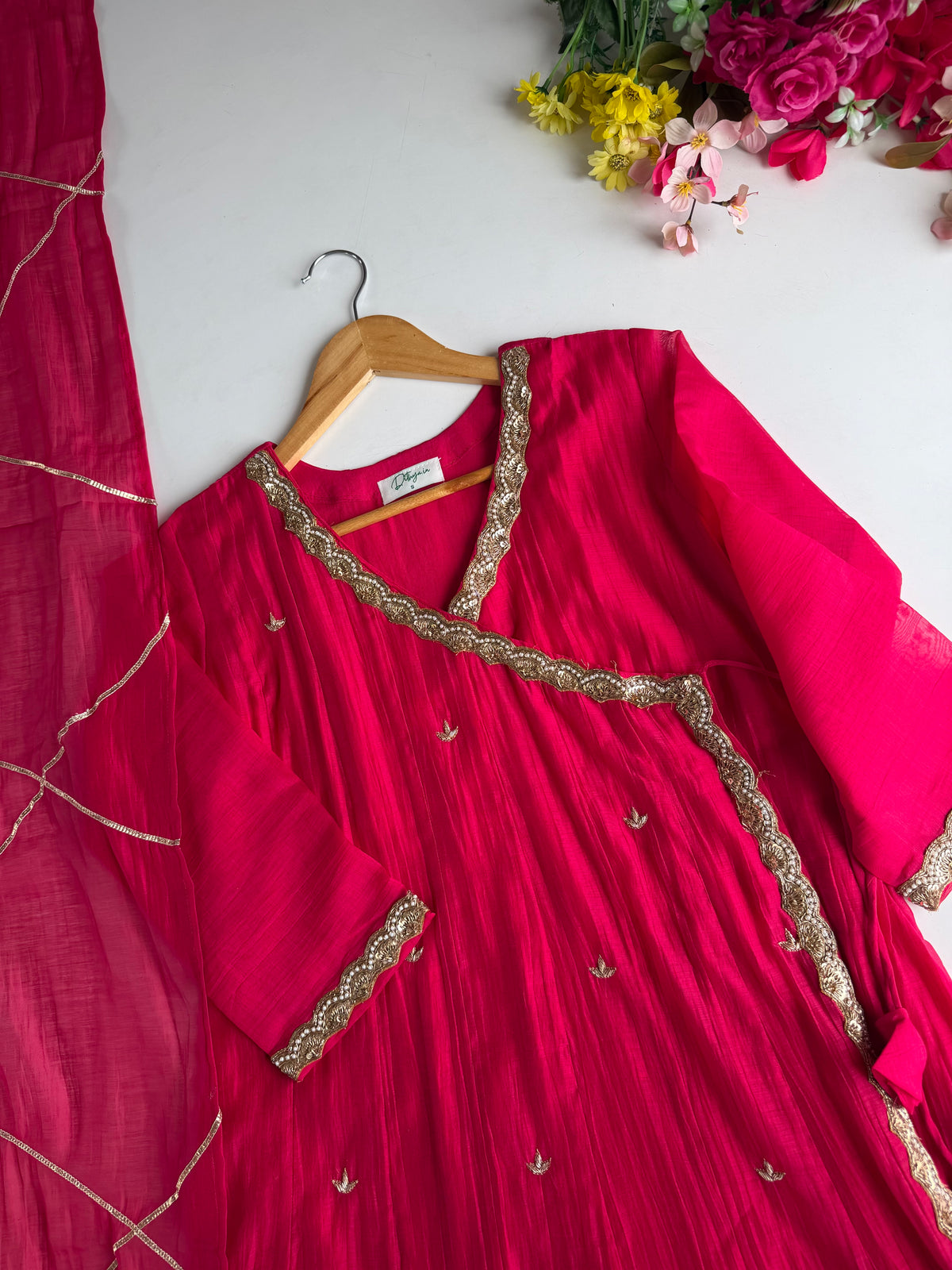K307 - Pure Banarasi Mul chanderi angrakha embroidered with pants and dupatta