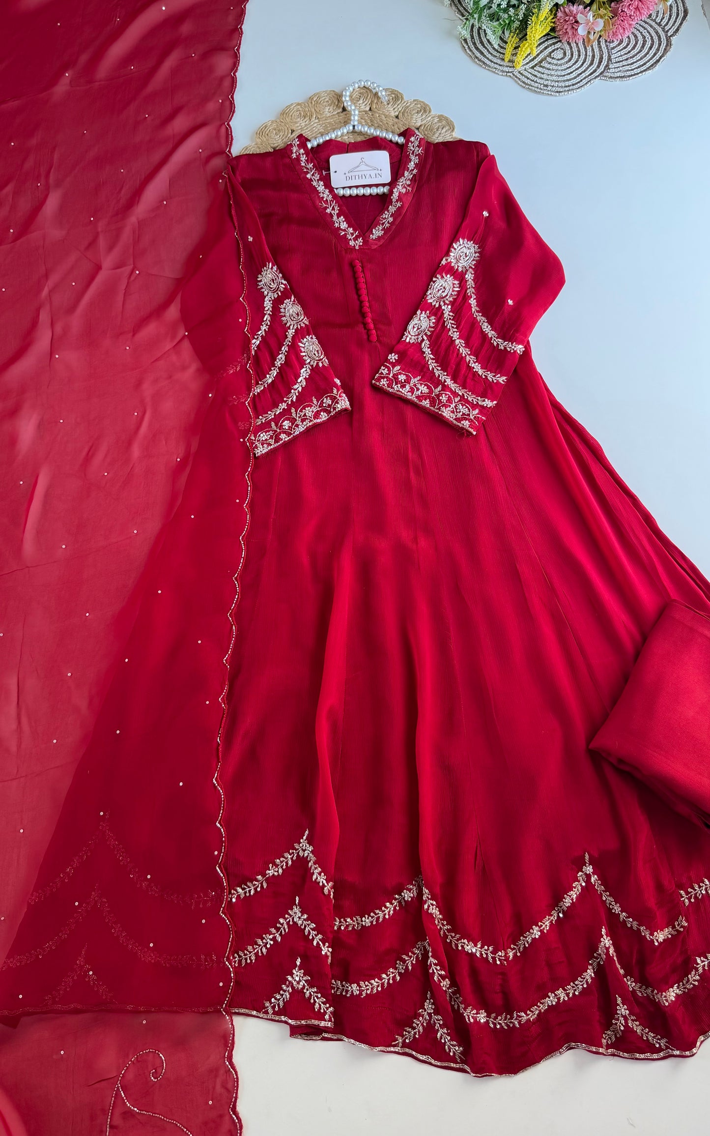 K689 - Pure Chinnon handwork Anarkali with pants and dupatta