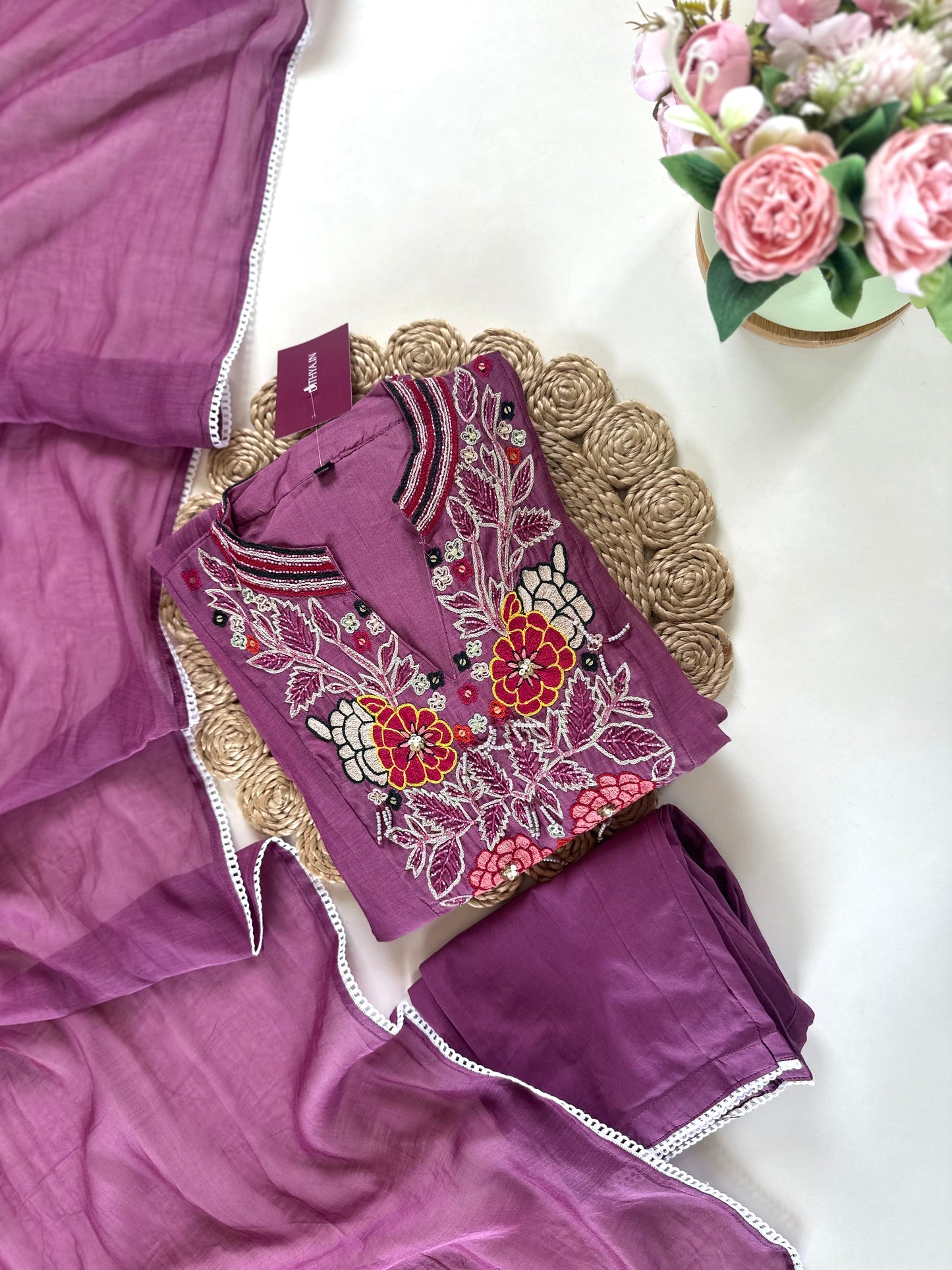 K127 - Mul Chanderi Aline Kurti with pants and dupatta .