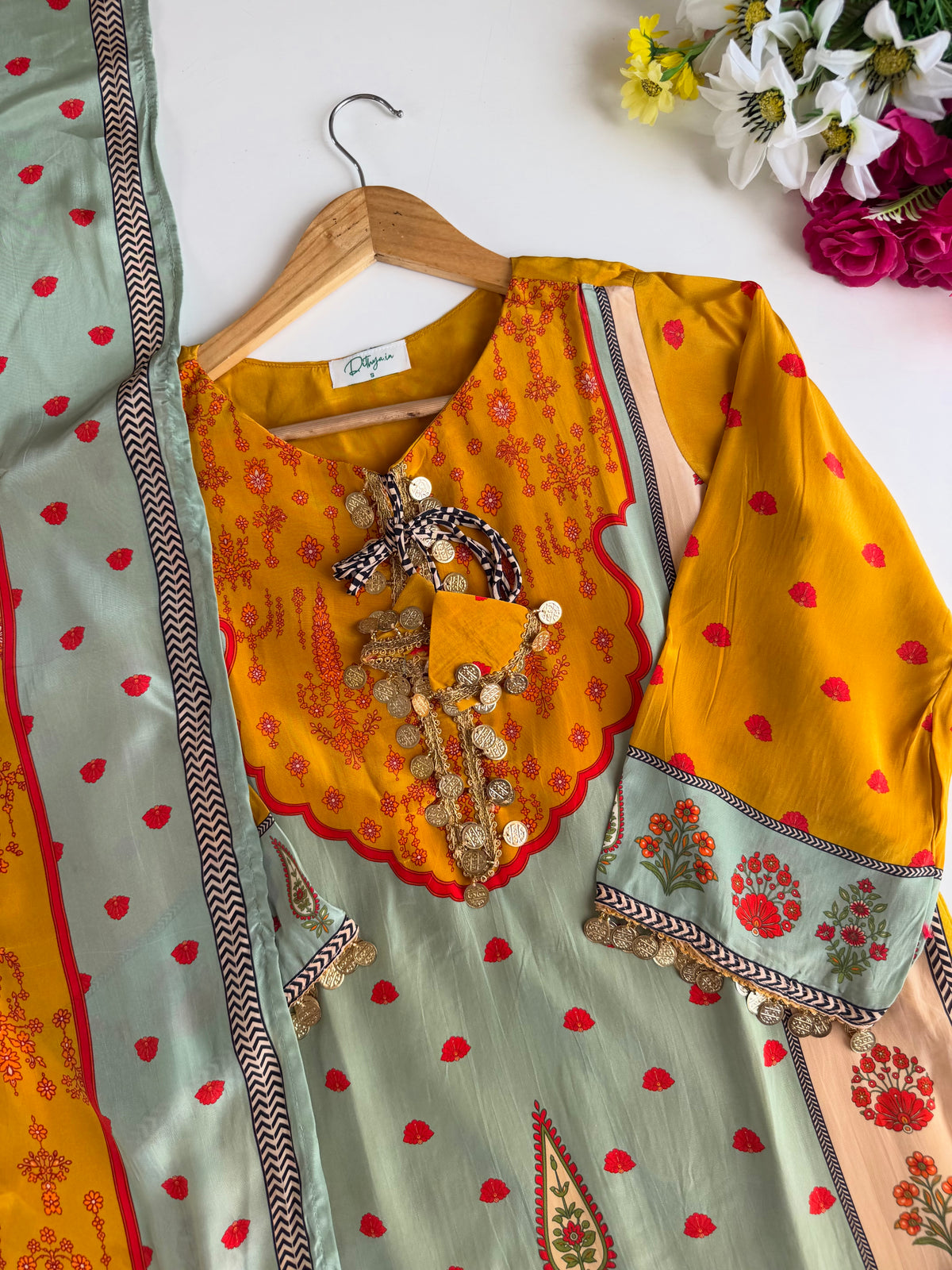 K635 - Pure crape printed coin work farshi salwar with pants and dupatta