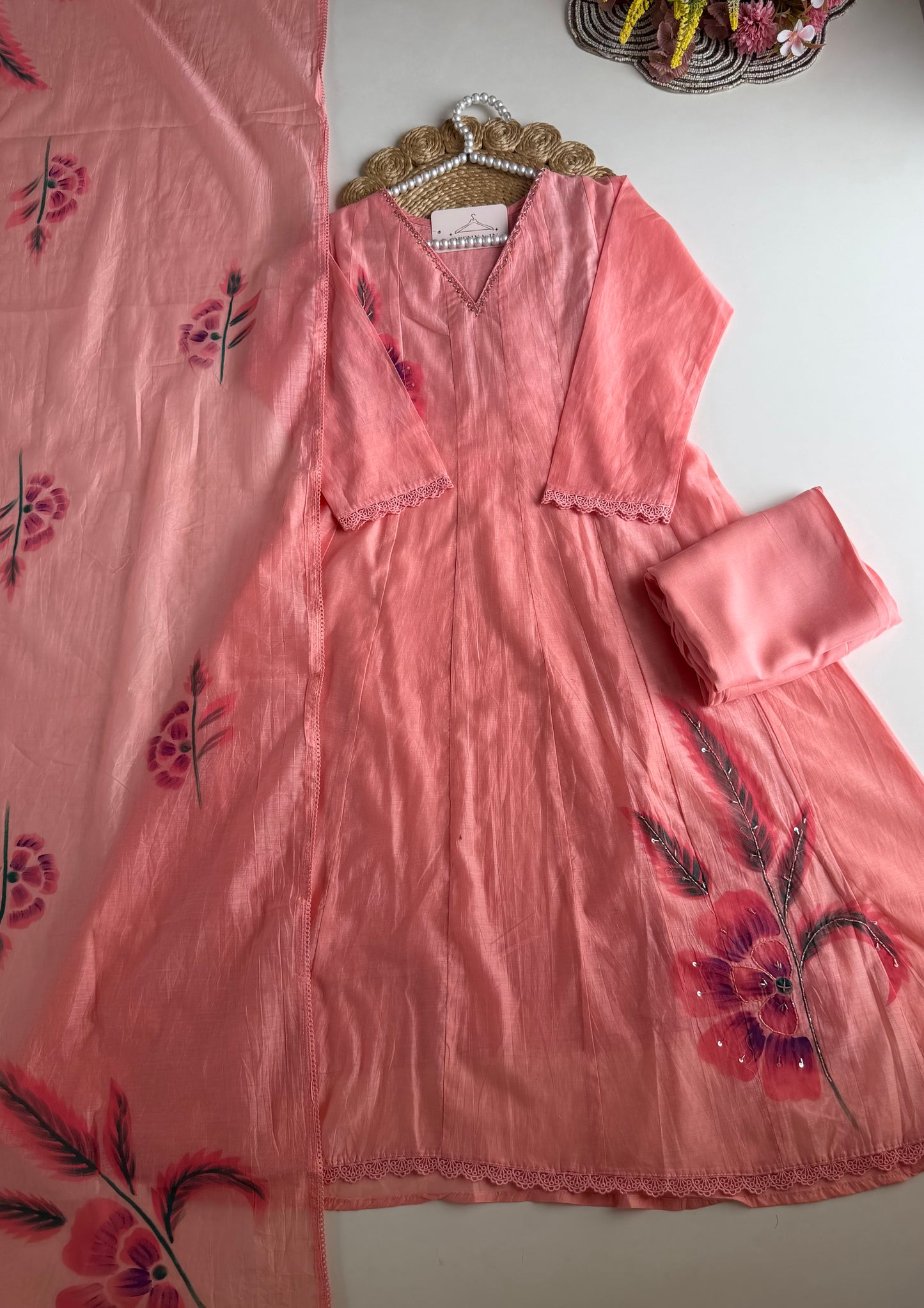 K589 - Muslin silk floral anarkali with pants and dupatta
