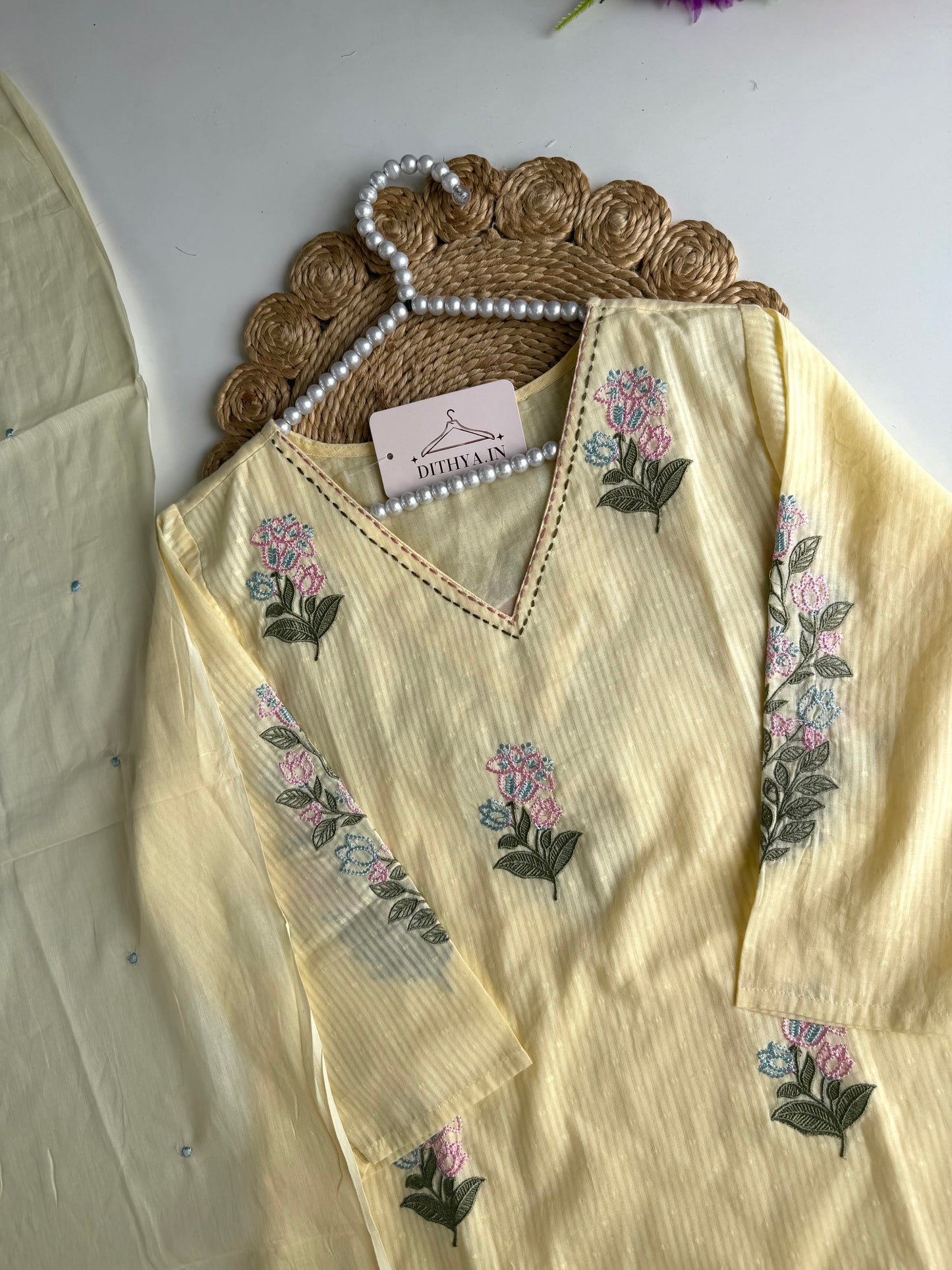 K678 - Mul cotton embroidered straight Kurti with pants and dupatta