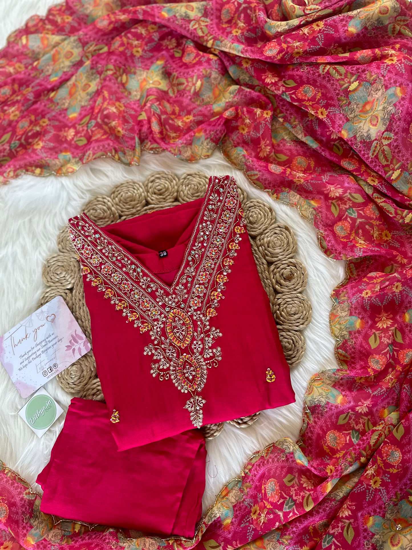 K152-Russian silk kurti with pants and dupatta