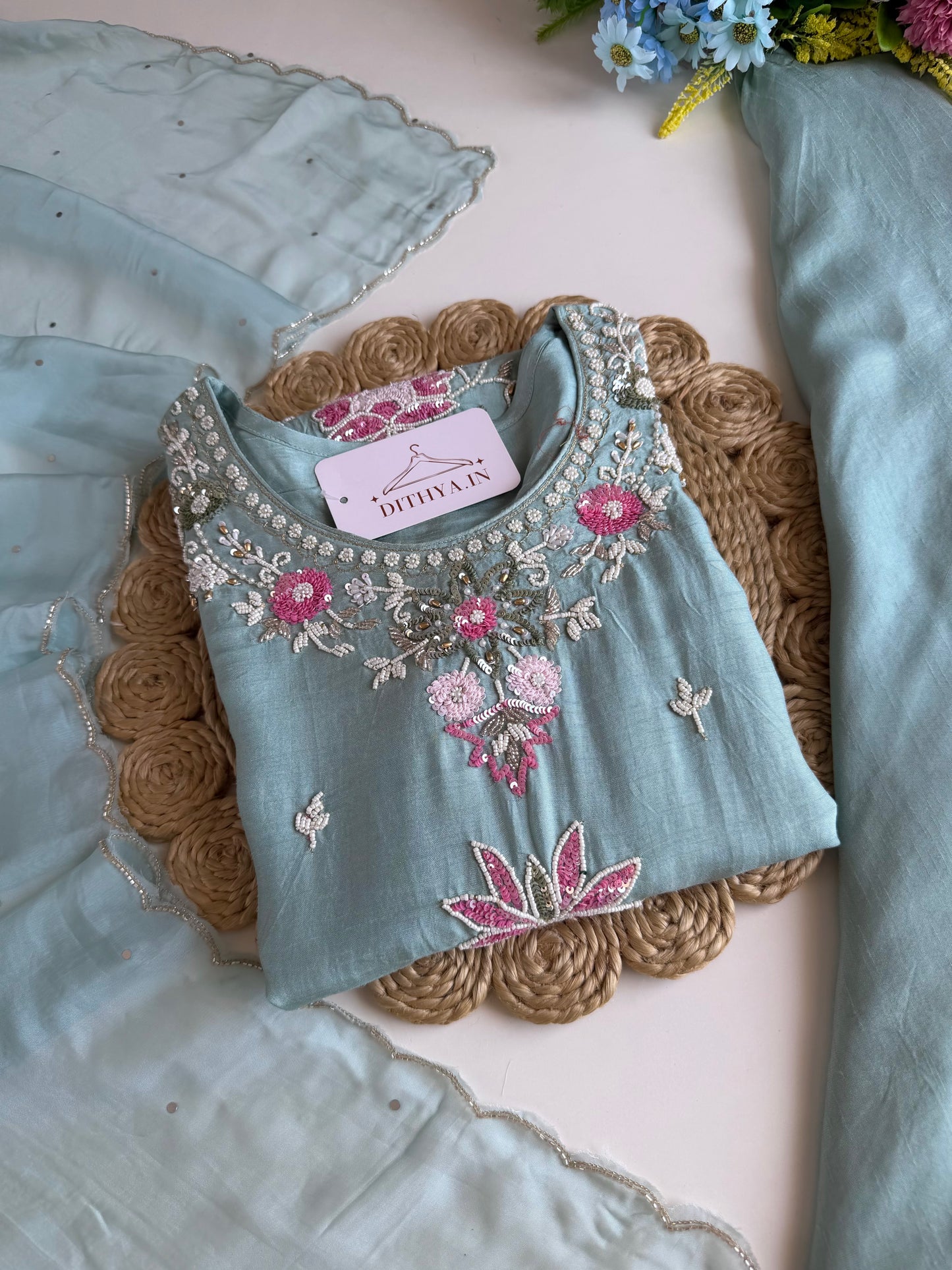 K333 - Russian silk handwork short Kurti with divider pants and dupatta