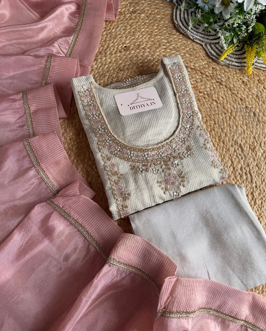 K172 - Tissue silk Handwork straight Kurti with pants and dupatta