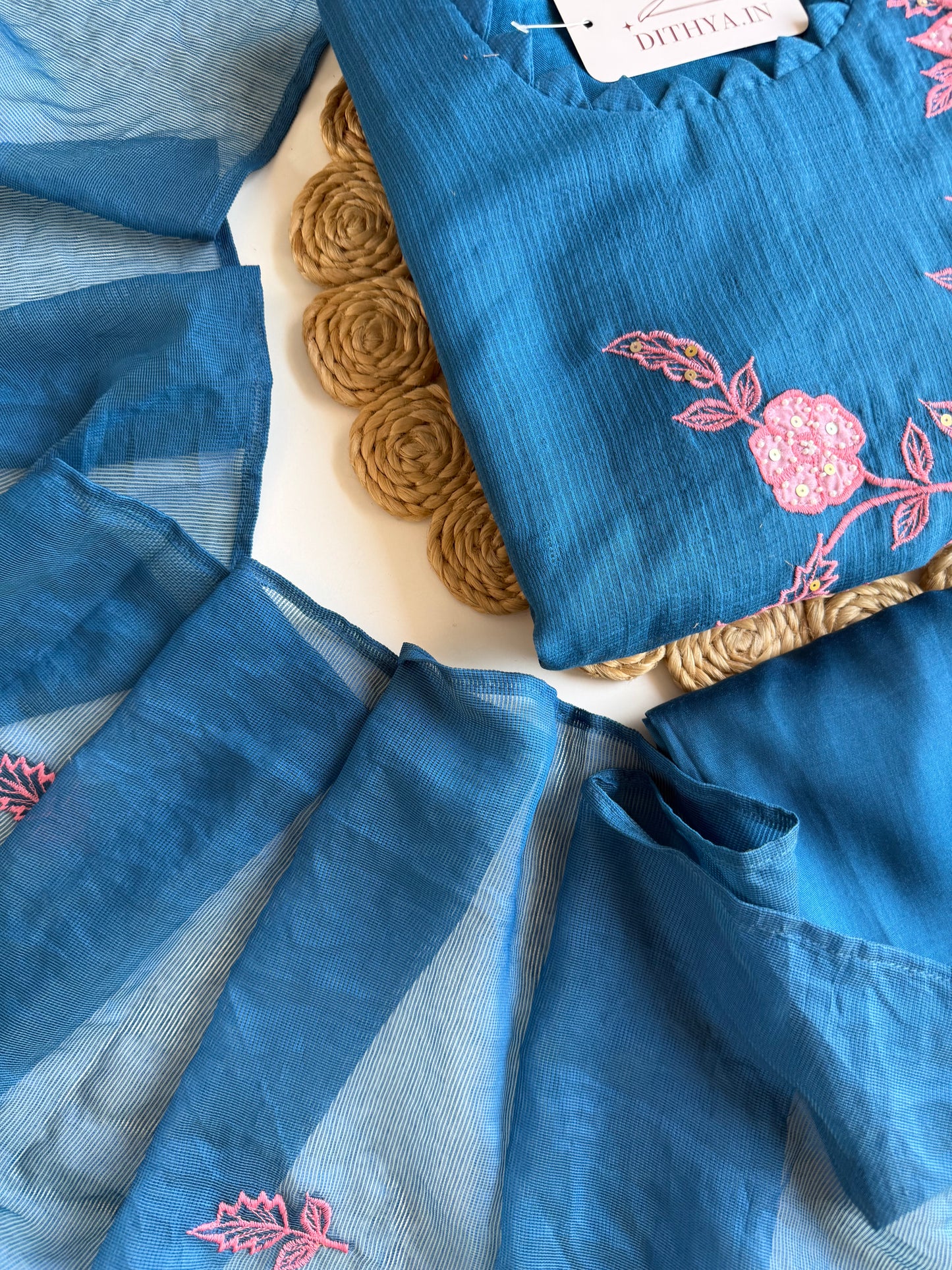 K390 - Kota doriya handwork appliqué Aline Kurti with pants and dupatta