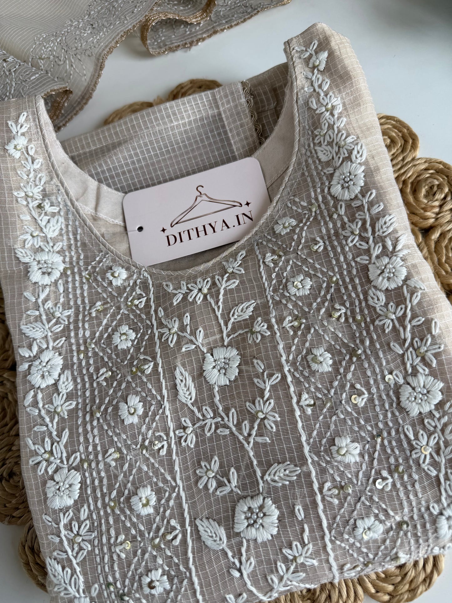 K107 - Chanderi tissue silk embroidered straight Kurti with pants and dupatta in 2 colours