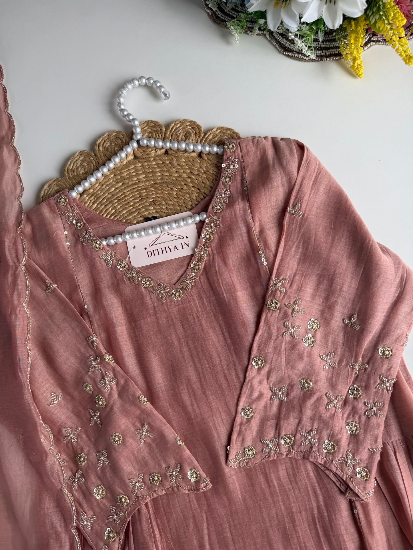 K211 - Mul chanderi handwork Anarkali with pants and dupatta