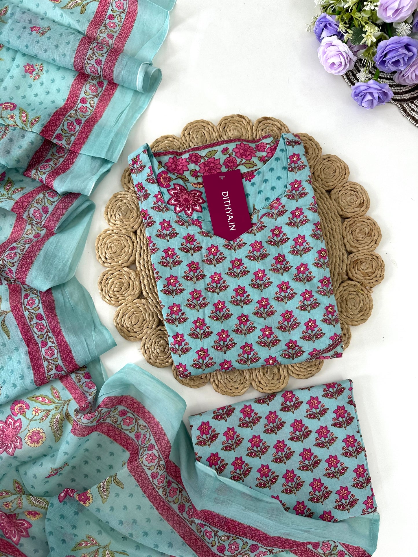 K348 - Cotton floral straight kurti with pants and dupatta