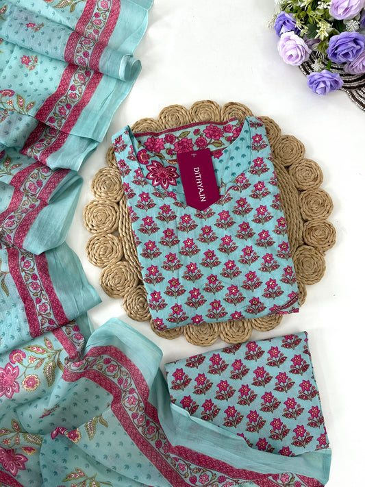 K348 - Cotton floral straight kurti with pants and dupatta