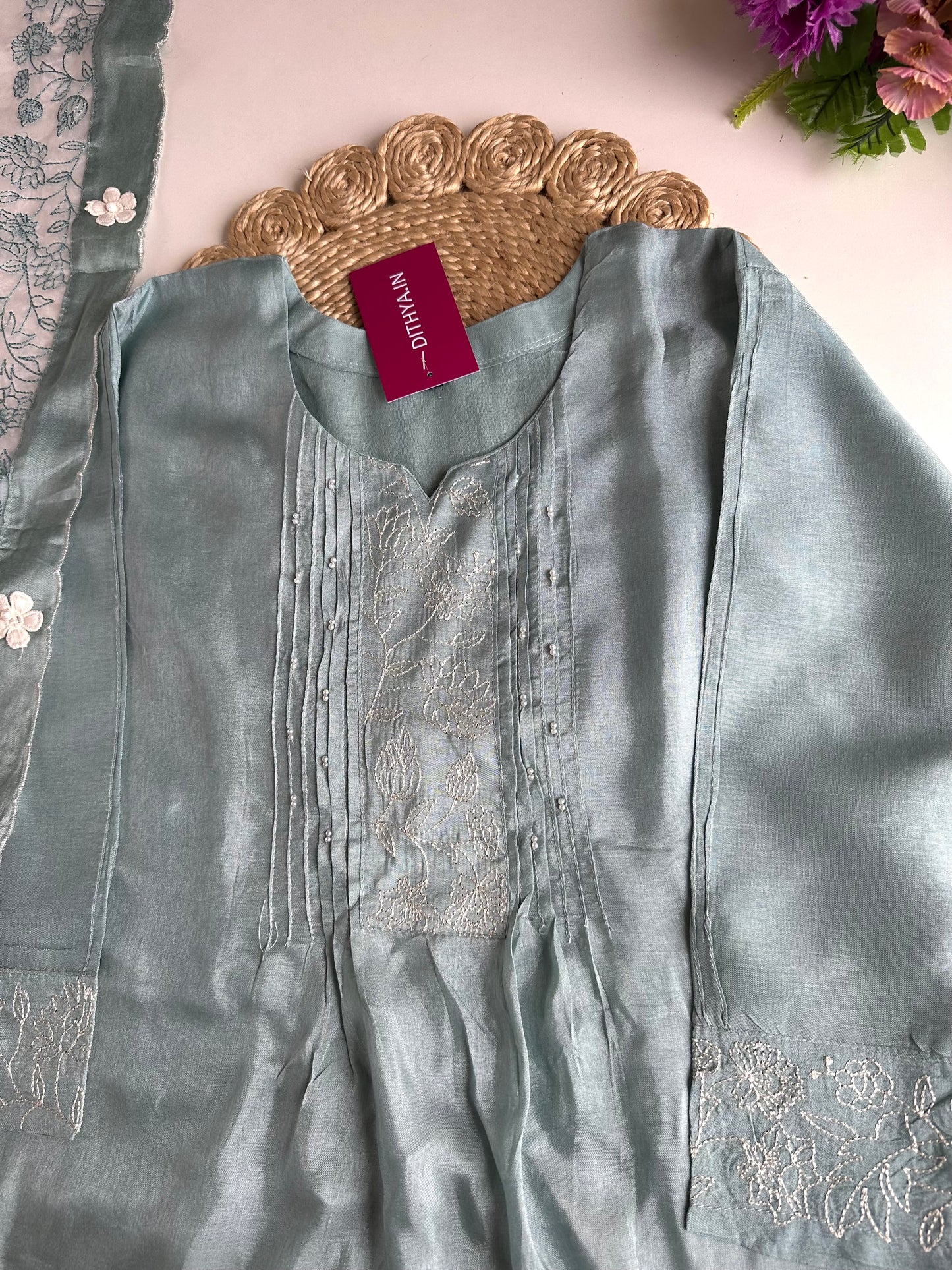 K029 - Russian silk embroidered Anarkali with pants and dupatta