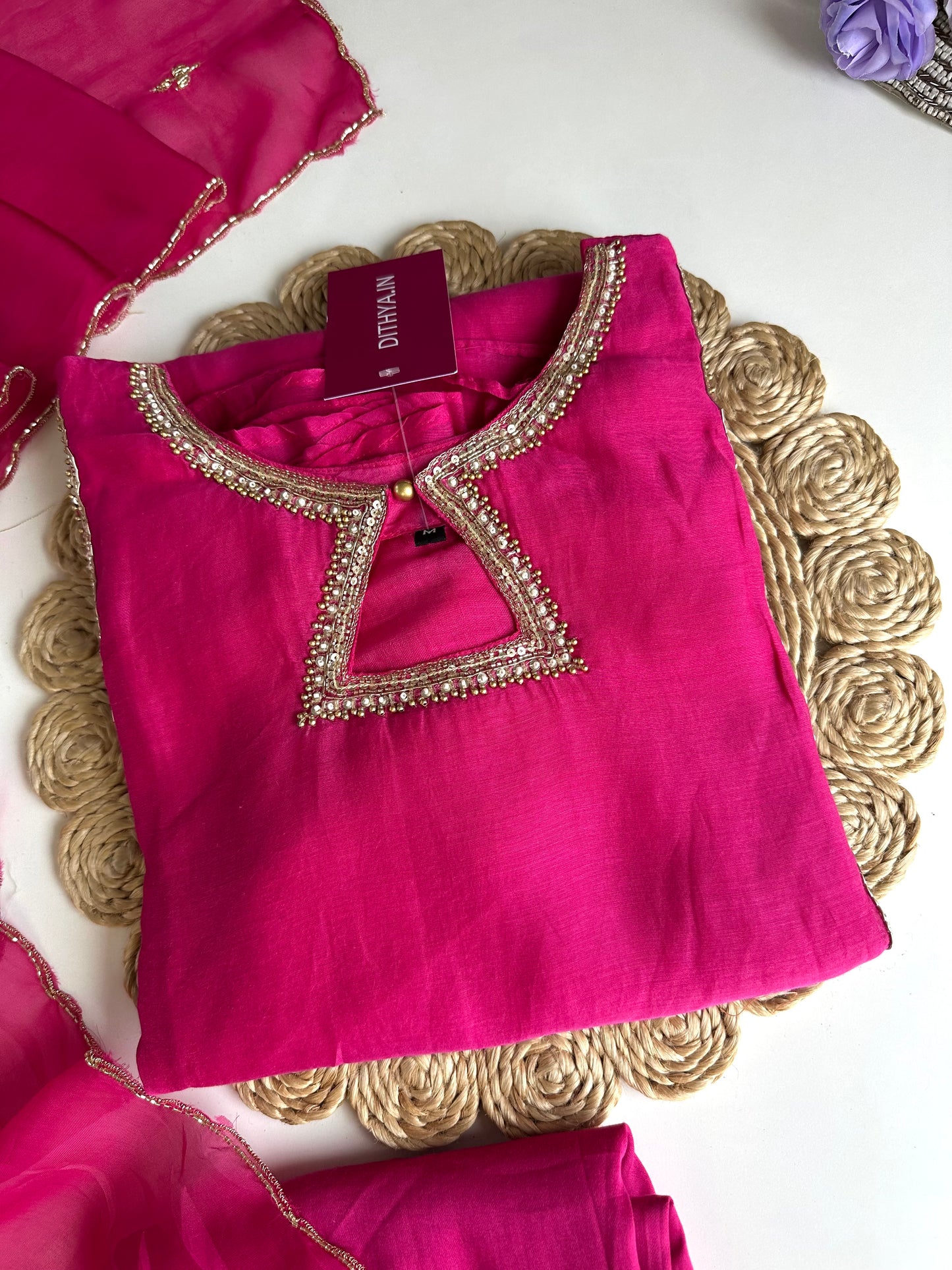 K228 - Mul Chanderi handwork Aline Kurti with pants and dupatta