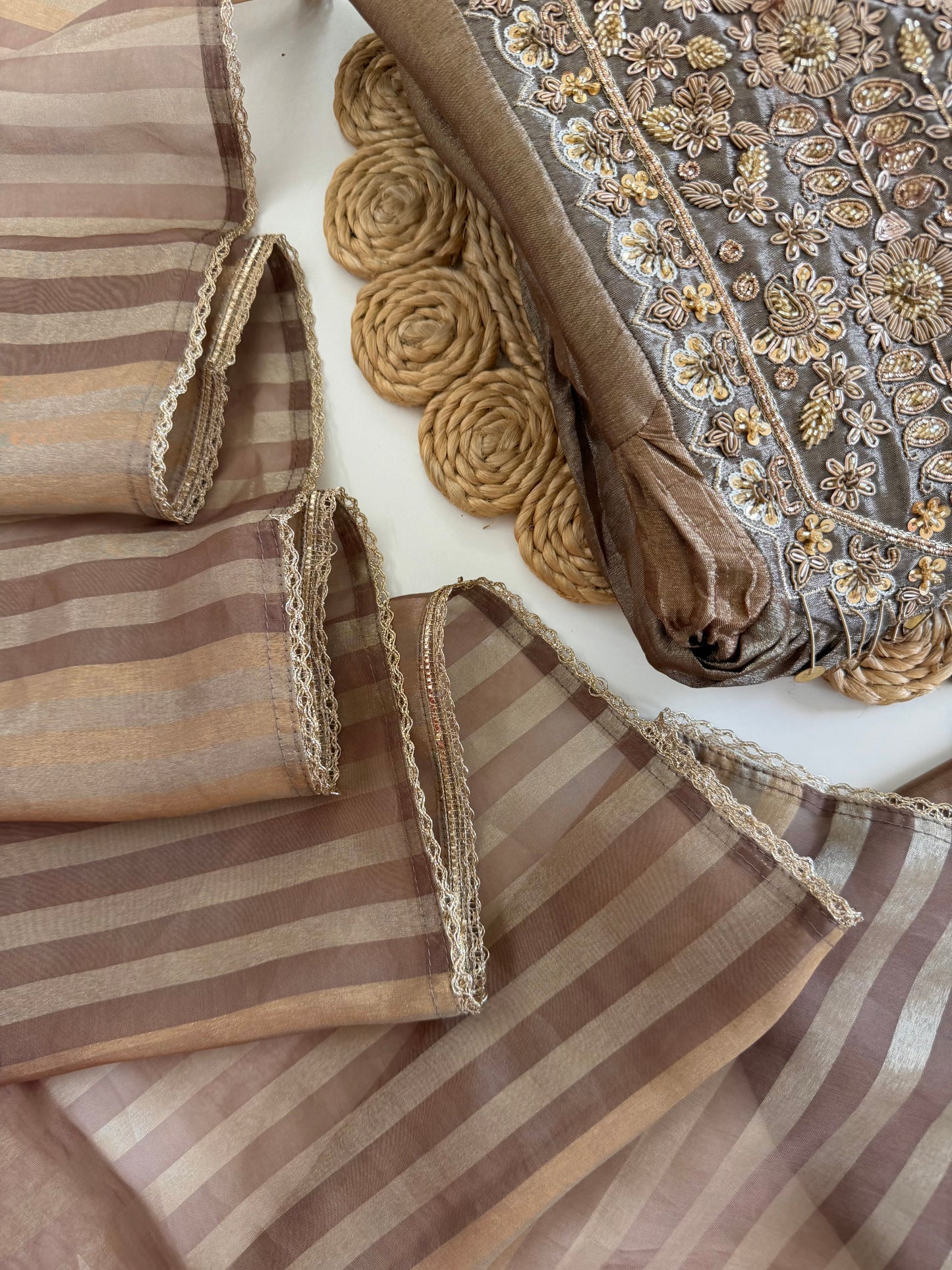 K228 - Crush tissue handwork Anarkali with pants and dupatta