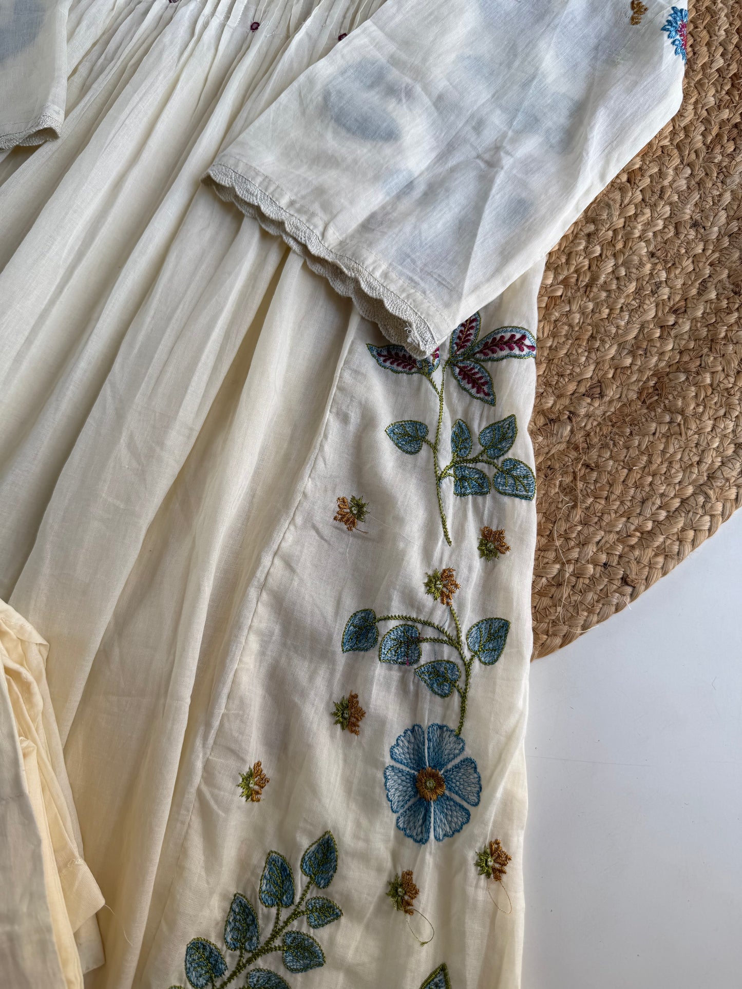 K010 - Mul cotton embroidered Anarkali with pants and dupatta in 2 colours