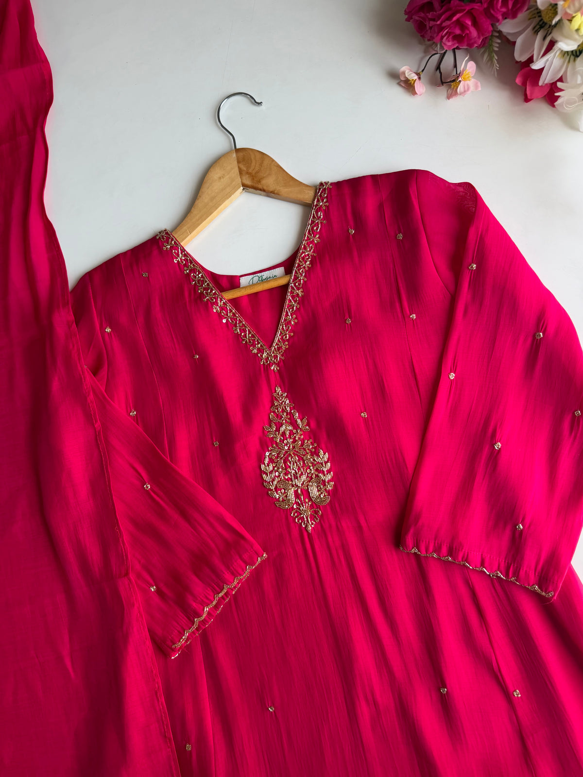 K117 - Surat mul chanderi handwork aline Kurti with pants and dupatta