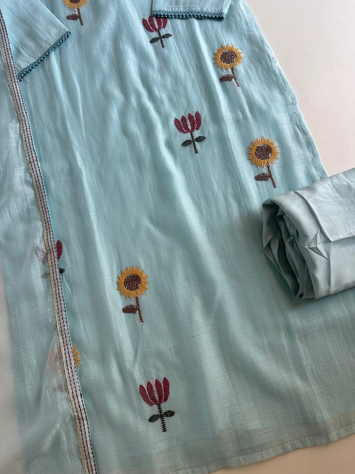 K473 - Muslin cotton embroidered straight Kurti with pants and dupatta