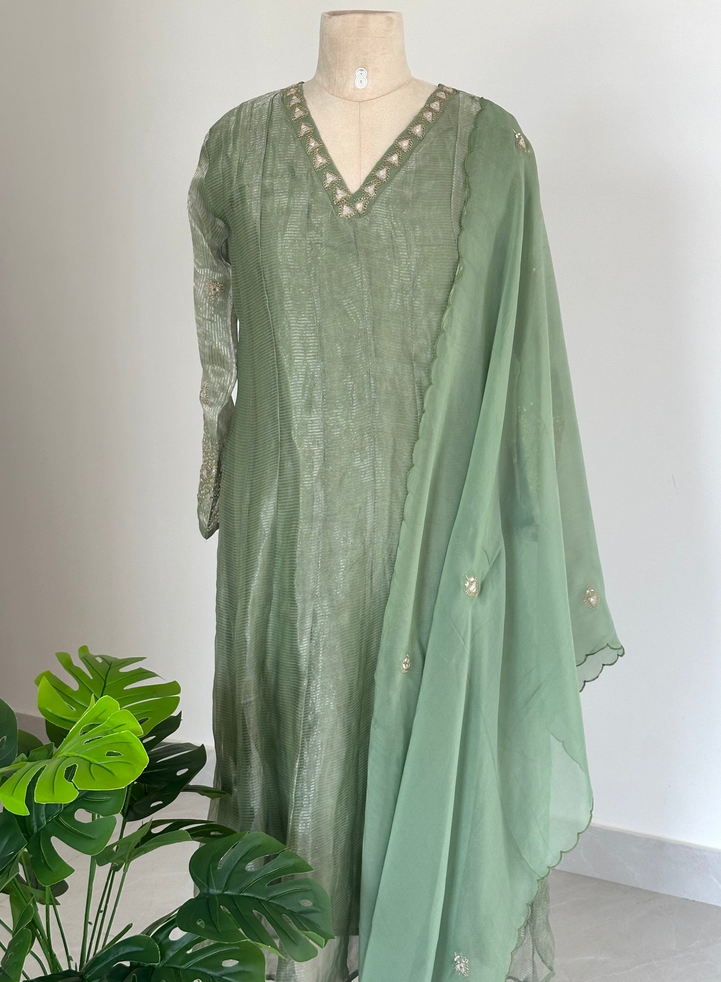 K148 - Tissue silk handwork Anarkali with pants and dupatta