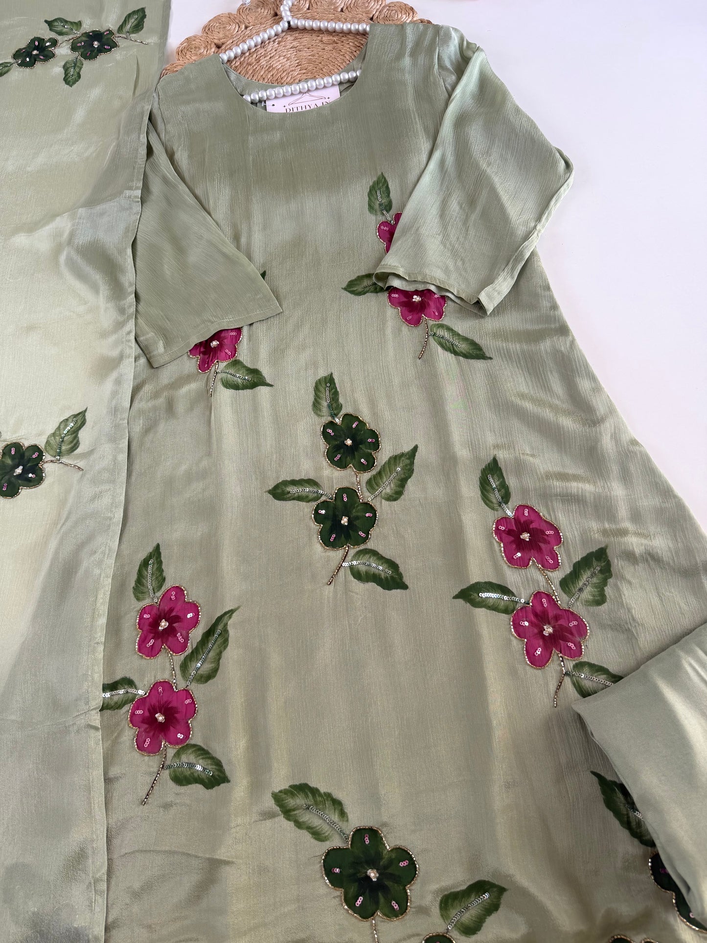 K634 - Pure Chinnon handwork Aline Kurti with pants and dupatta