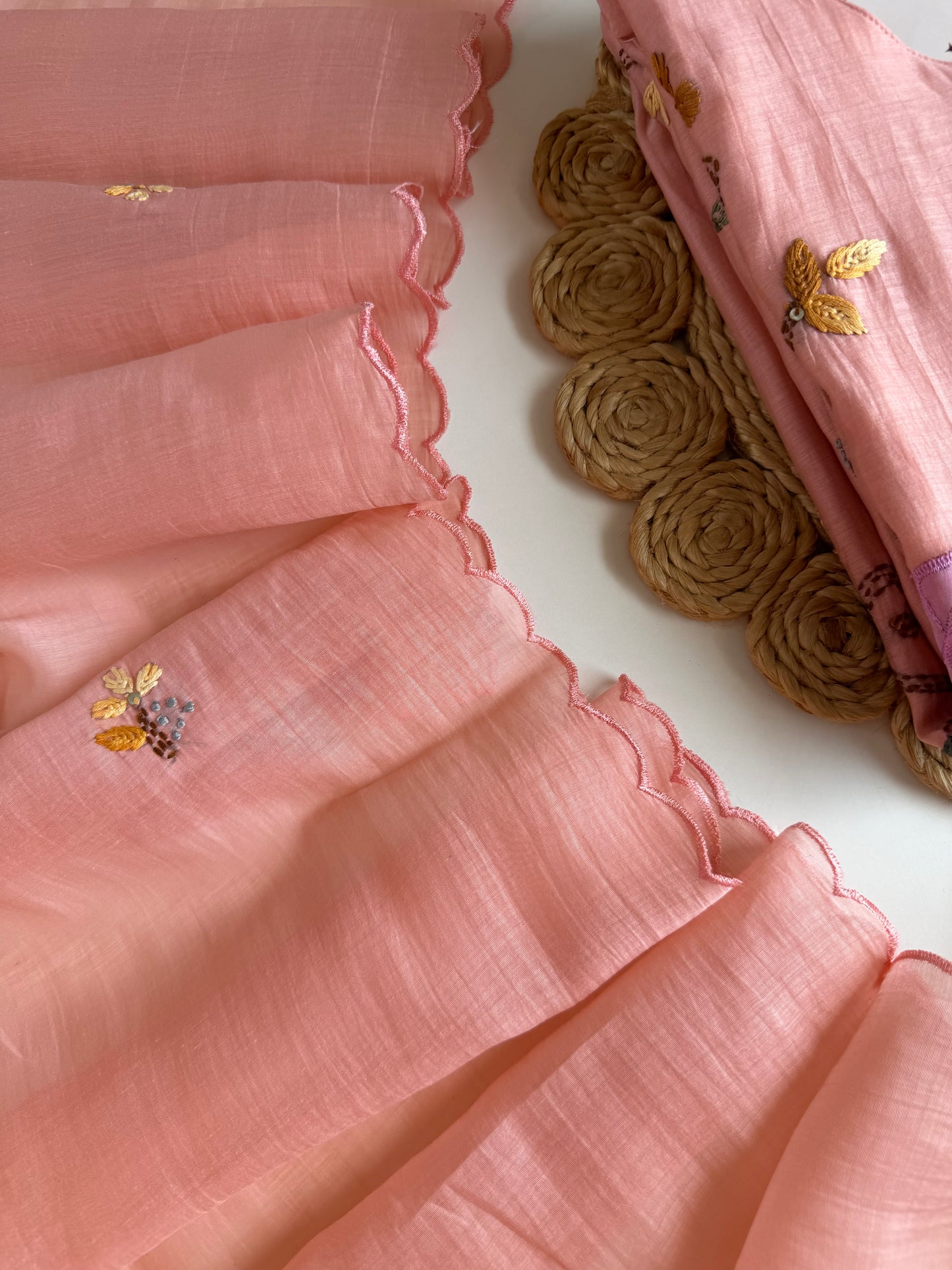 K274 - Mul chanderi appliqué embroidered straight Kurti with pants and dupatta