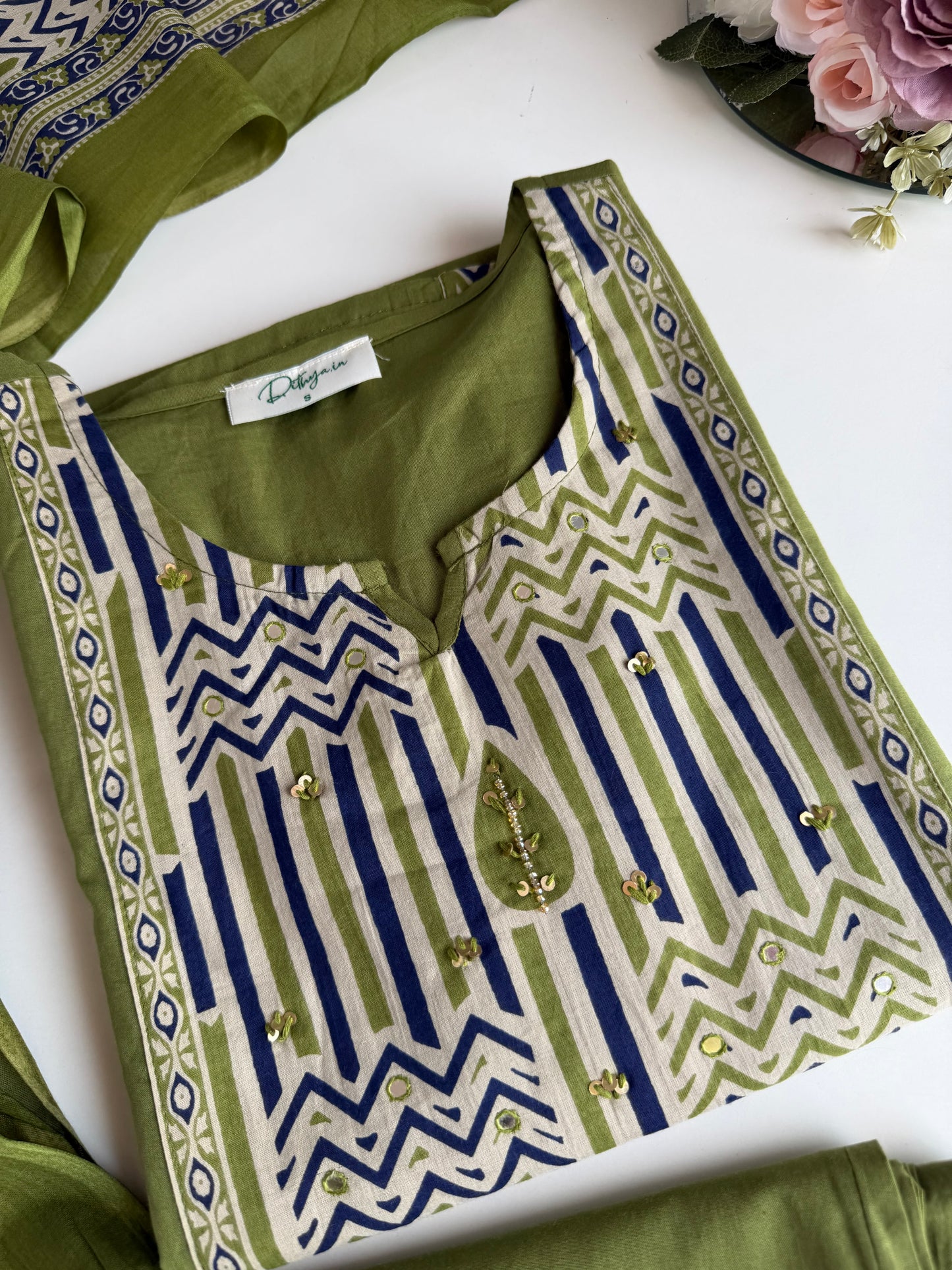 K576 - Mul cotton embroidered straight Kurti with pants and dupatta